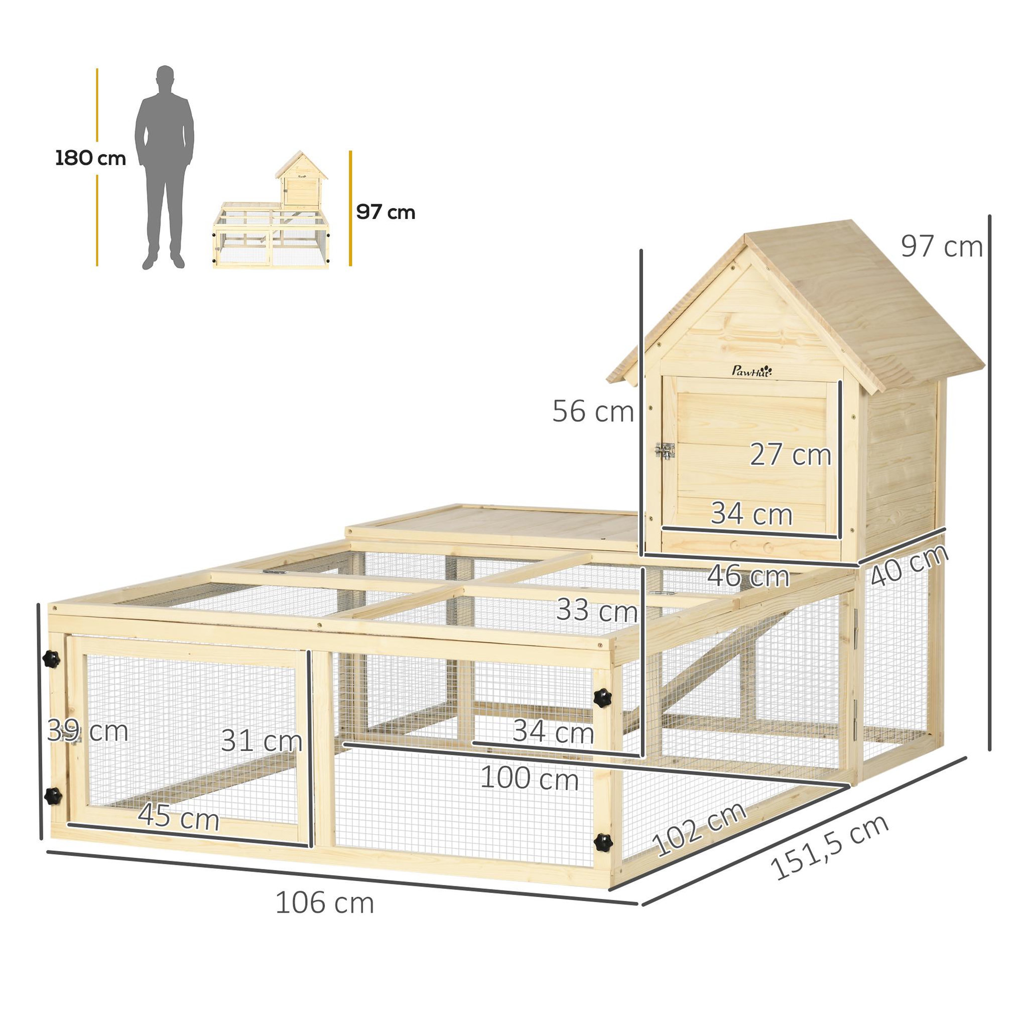 Voir la diapositive 3 : PAWHUT Clapier enclos cage à lapin 2 niveaux dim. 151l x 106l x 97h cm - aire de jeu, rampe, portes verouillables - bois sapin