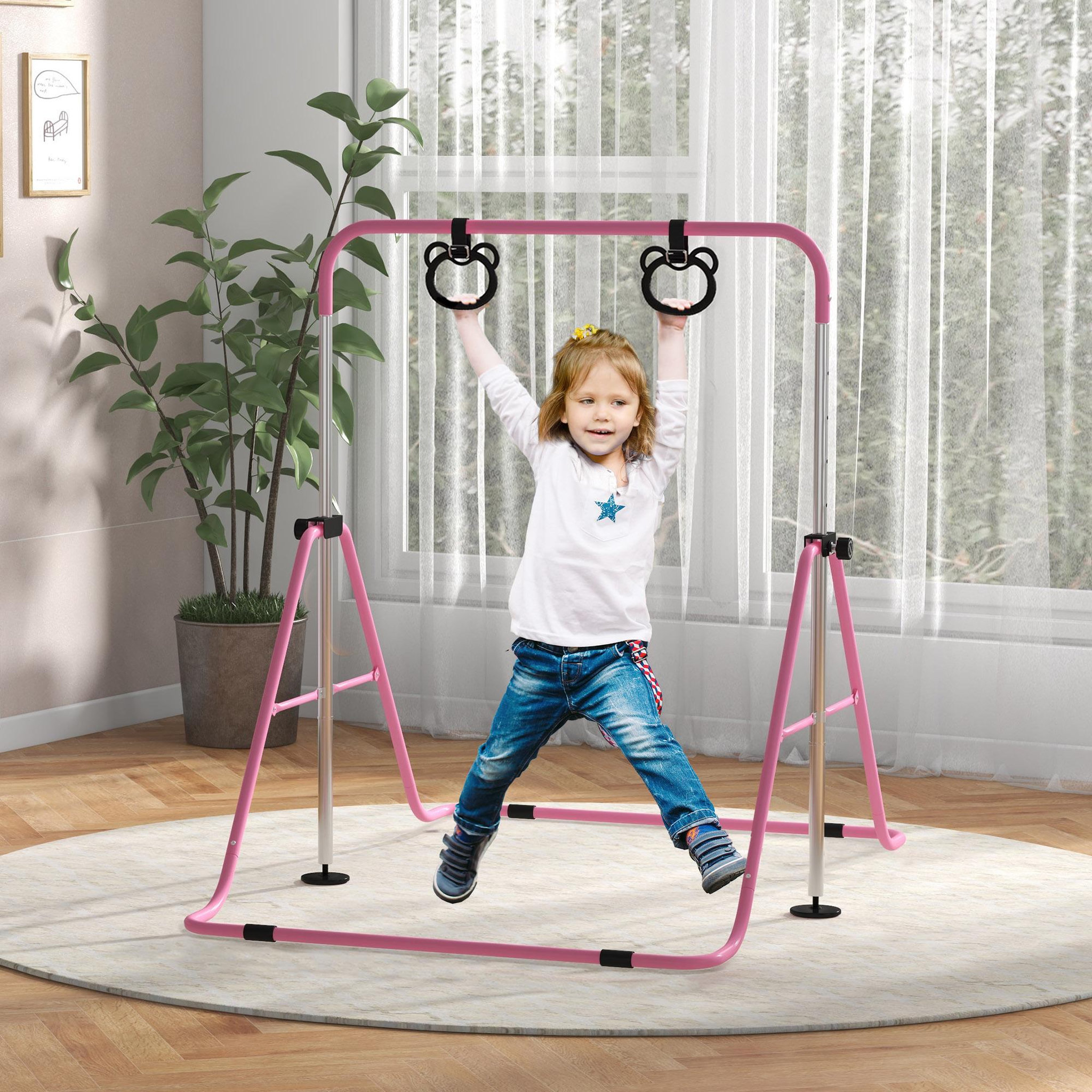 Voir la diapositive 2 : HOMCOM Portique d'anneaux double haubanage hauteur réglable dim. 148L x 105l x 88-128H cm acier rose