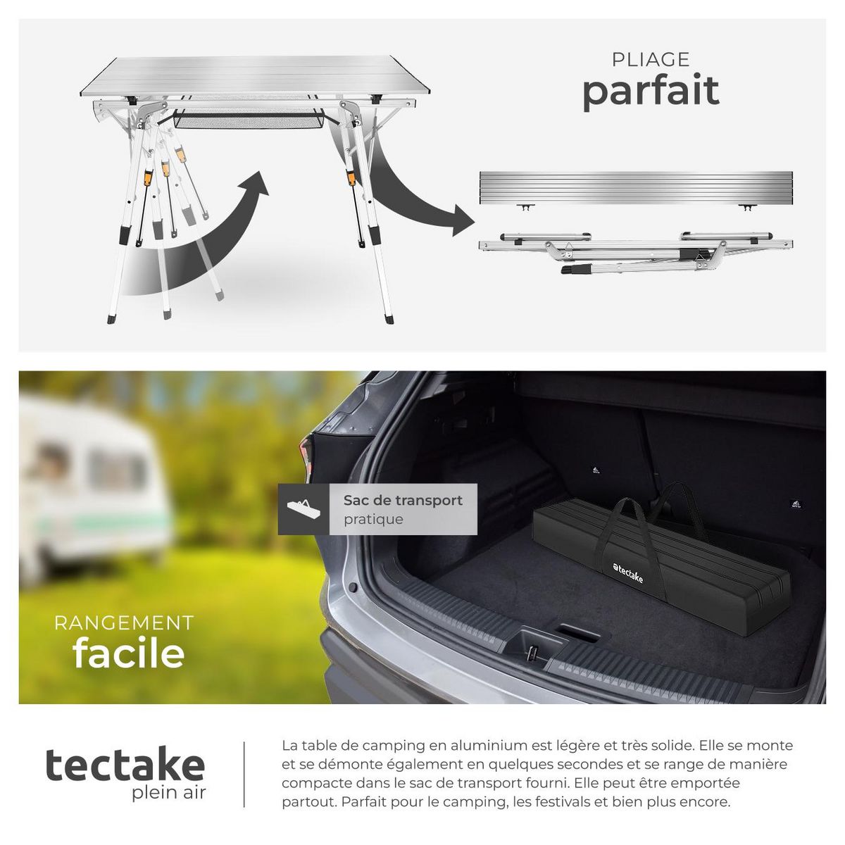 tectake Table de camping pliable argent