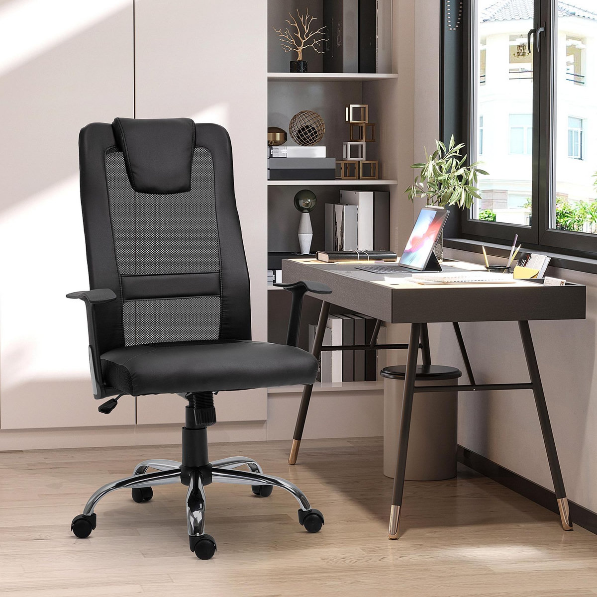 HOMCOM Fauteuil de bureau ergonomique hauteur assise réglable pivotant 360° revêtement synthétique et maille noir