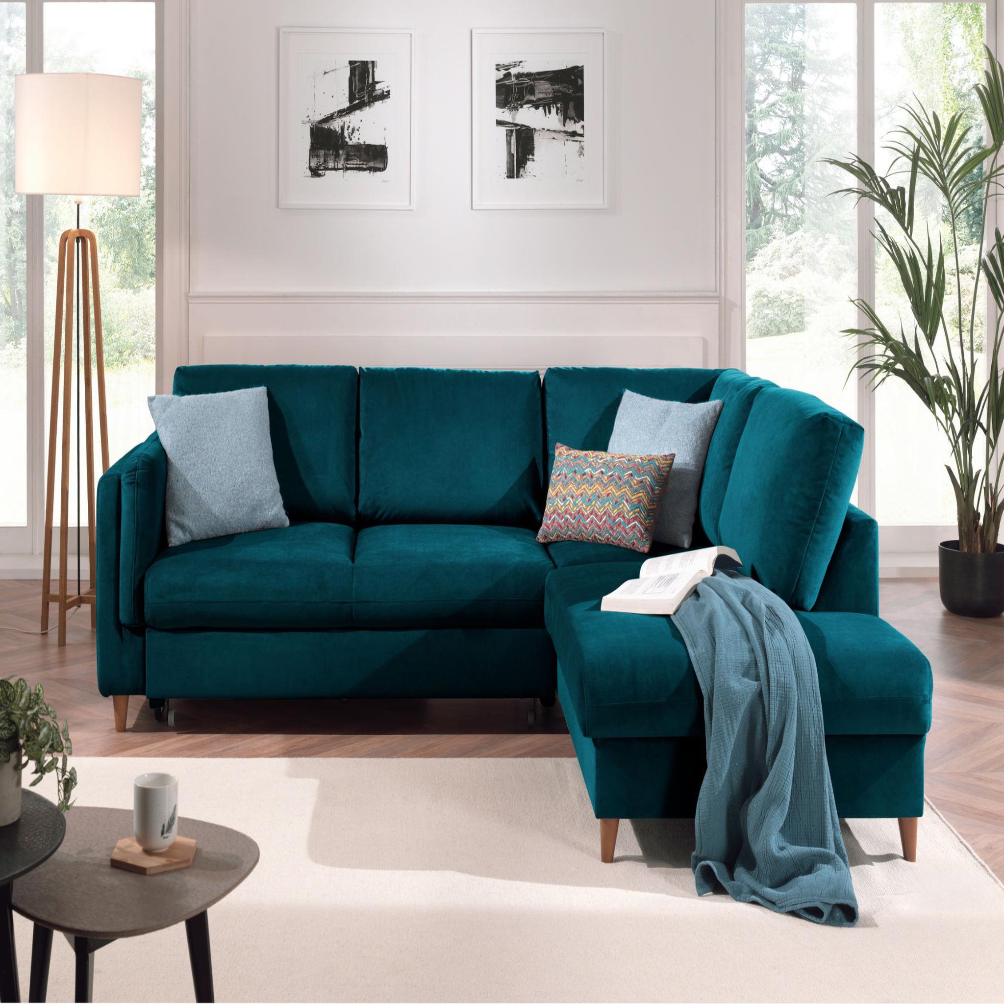 Voir la diapositive 2 : BEST MOBILIER Brooke - canapé d'angle droit - convertible - 5 places - en velours