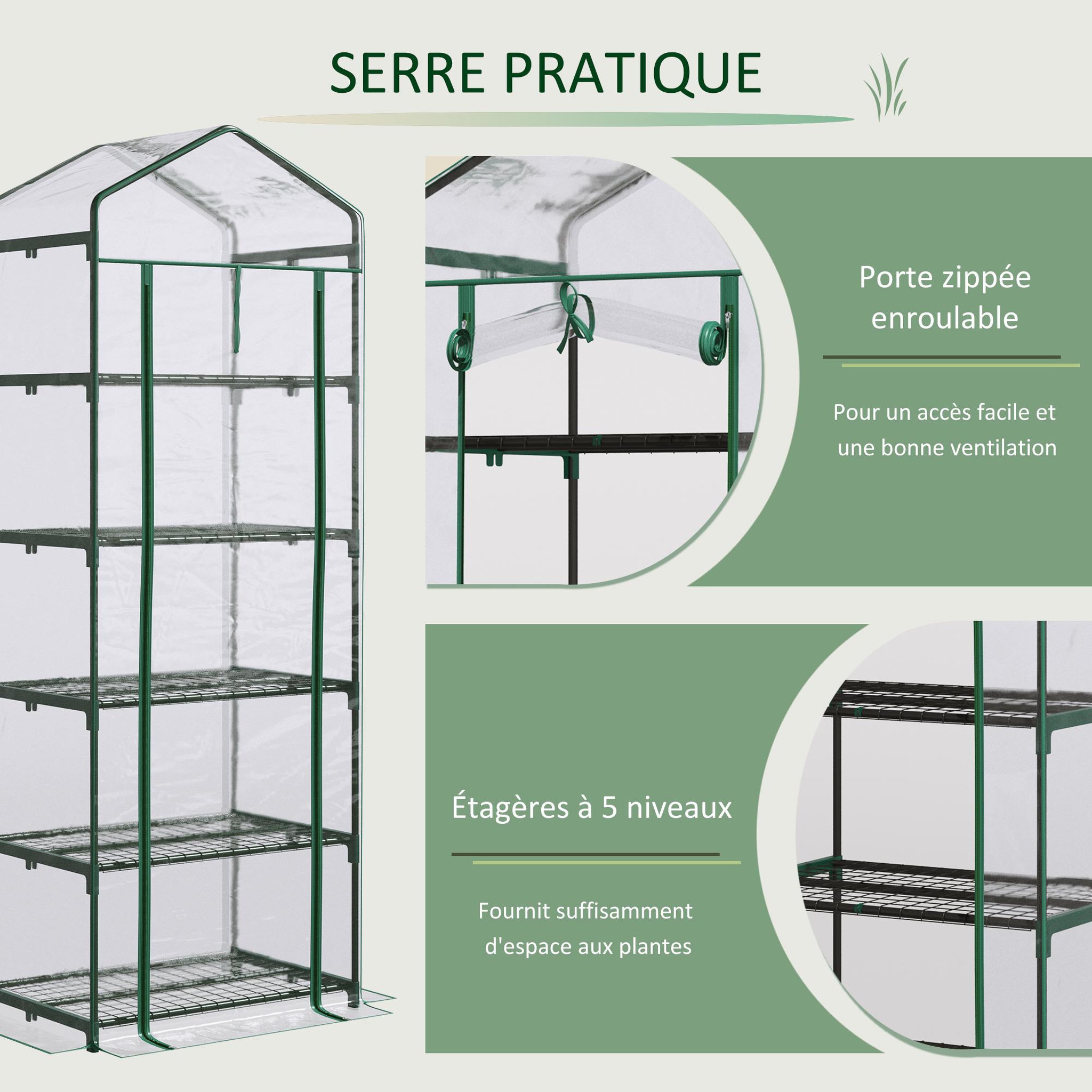 Voir la diapositive 5 : OUTSUNNY Serre de jardin balcon étagère serre 5 niveaux 0,69L x 0,49l x 1,93H m acier galvanisé bâche amovible PVC vert