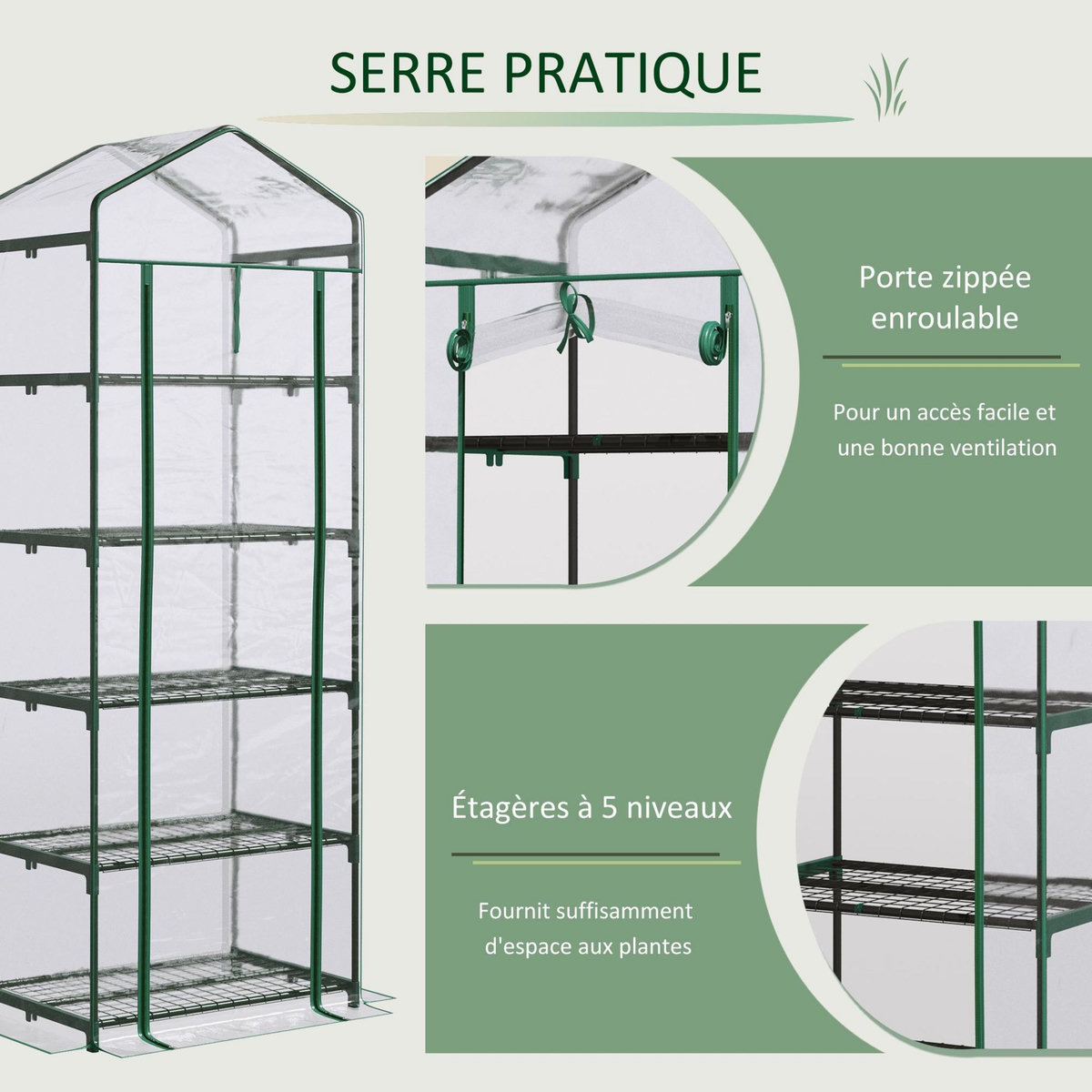 OUTSUNNY Serre de jardin balcon étagère serre 5 niveaux 0,69L x 0,49l x 1,93H m acier galvanisé bâche amovible PVC vert
