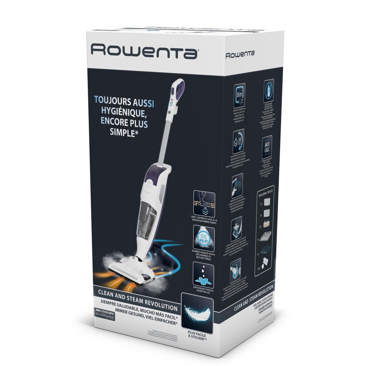ROWENTA Nettoyeur vapeur aspirateur 2en1 1500w blanc/violet - ry7731wh