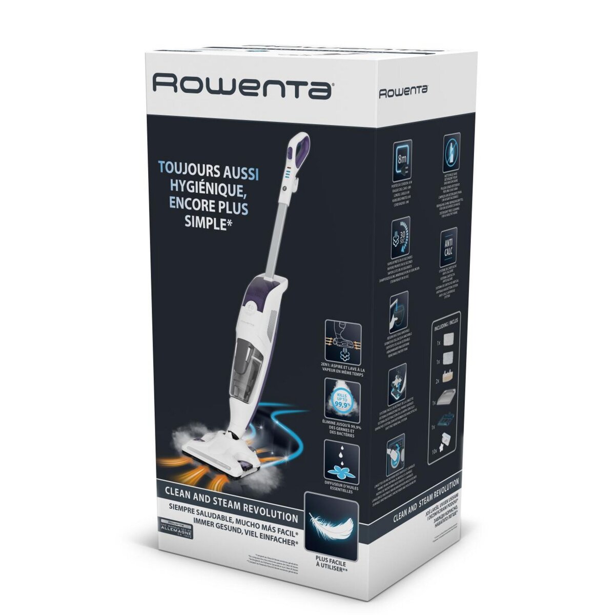 ROWENTA Nettoyeur vapeur aspirateur 2en1 1500w blanc/violet - ry7731wh