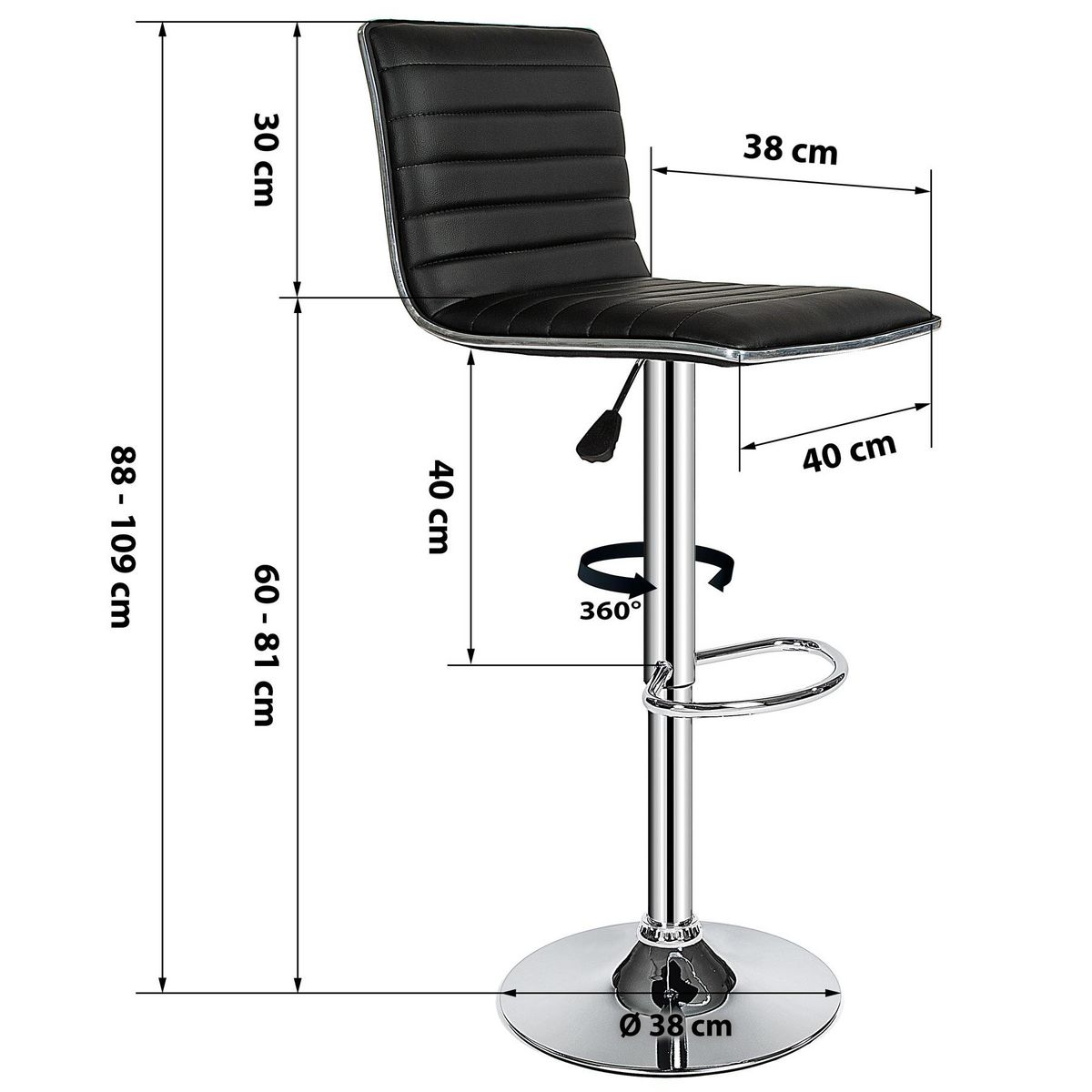 tectake Lot de 2 tabourets de bar Rembourré avec un dossier Hauteur d'assise 60 - 81 cm