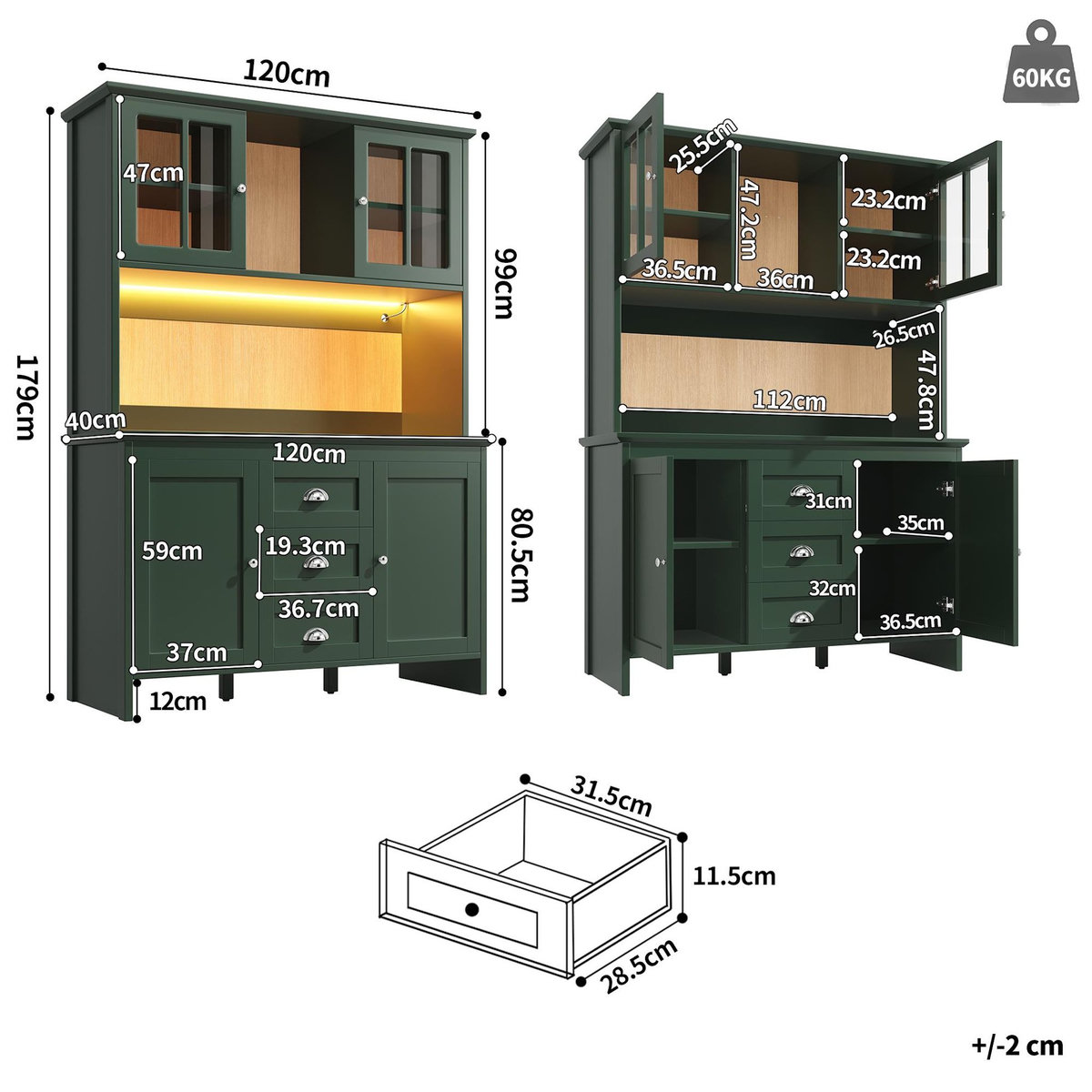 MERAX Buffet de cuisine 4 portes 3 tiroirs - 120 cm vert led mdf
