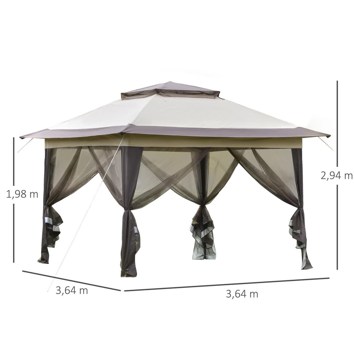 OUTSUNNY Tonnelle barnum de jardin pop-up pliant 3,64L x 3,64l x 2,94H m acier polyester moustiquaires + sac de transport à roulettes beige marron