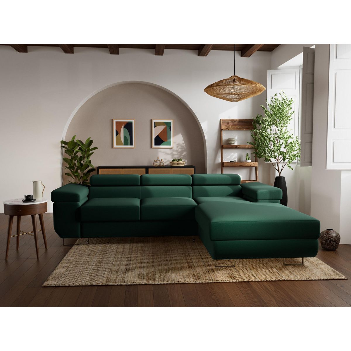 BEST MOBILIER Pablo - canapé d'angle droit - 6 places - convertible avec coffre et têtières réglables - en velours