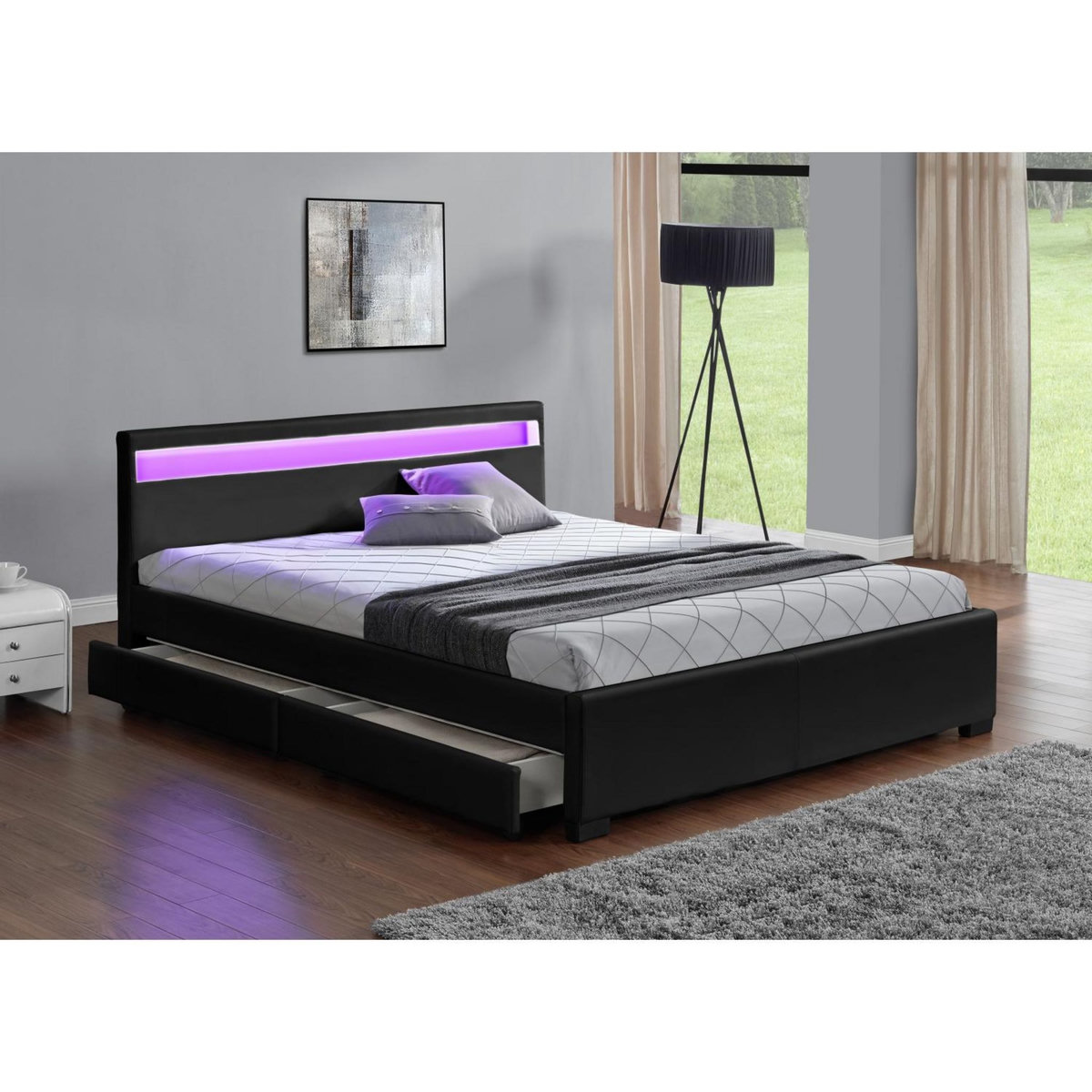 CONCEPT USINE Structure de lit LED avec rangements 160 x 200 cm noir ENFIELD