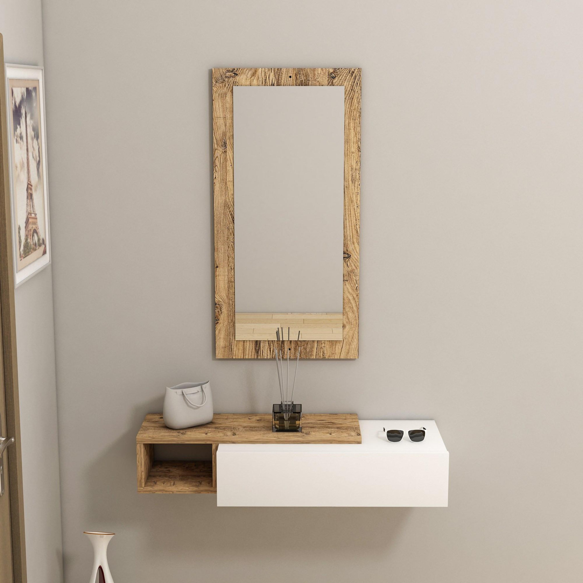 Voir la diapositive 2 : Habitat et Jardin Console avec miroir en bois  vien   - 82 x 29 x 15 cm - blanc