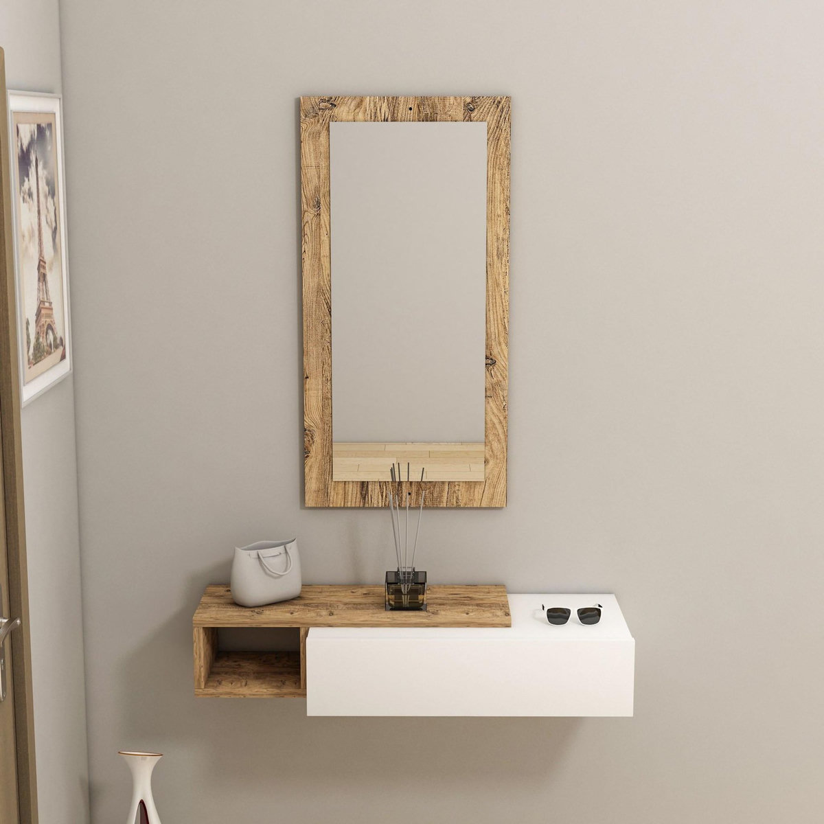Habitat et Jardin Console avec miroir en bois  Vien   - 82 x 29 x 15 cm - Blanc