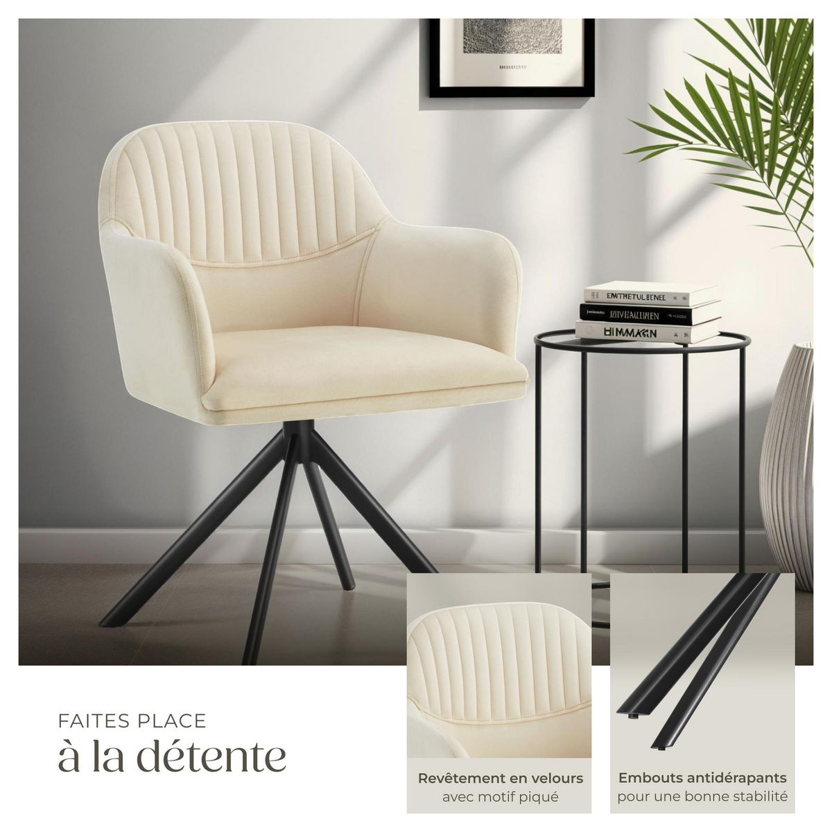 tectake Chaise pivotante en velours rembourrée crème/noir
