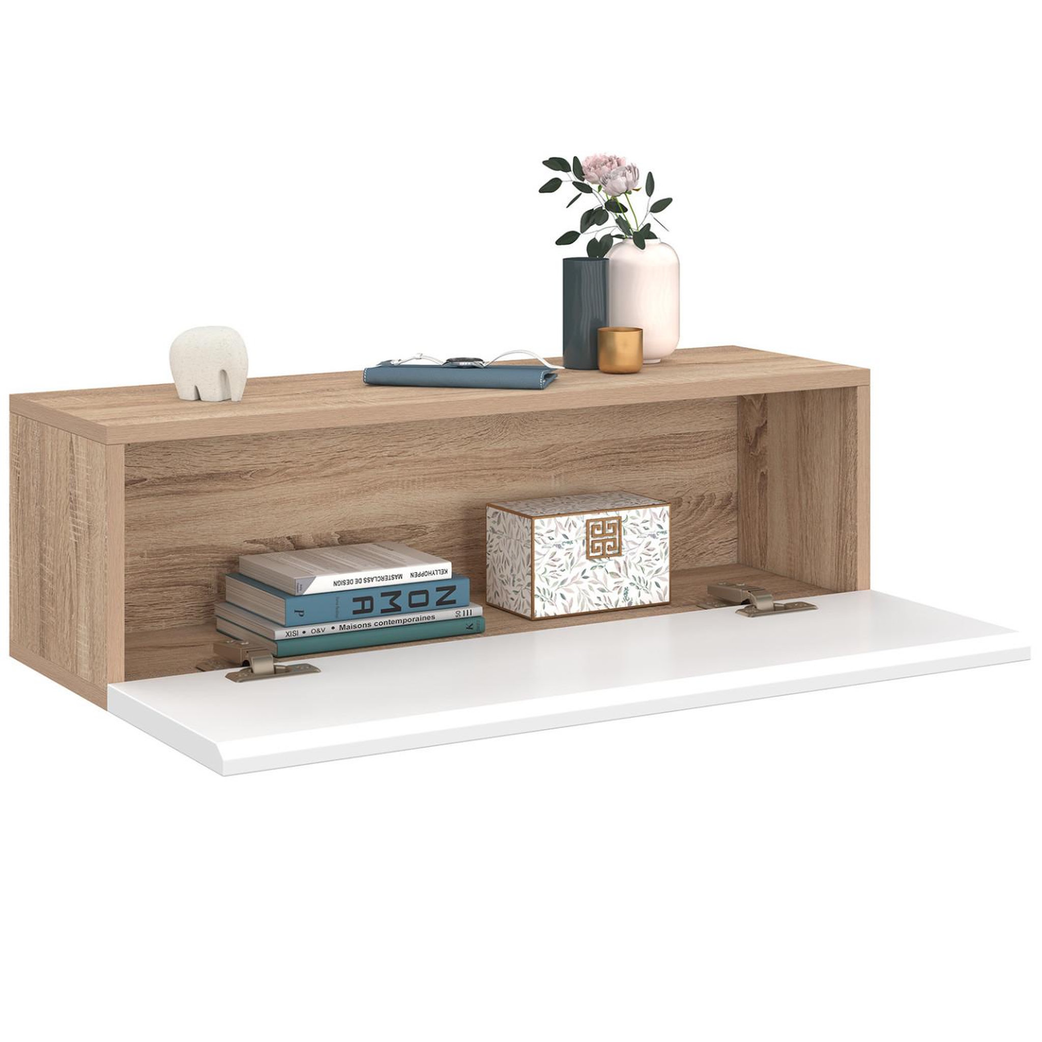 Voir la diapositive 4 : ID MARKET Lot de 2 consoles suspendues étagères murales elyos 1 porte bois et blanc