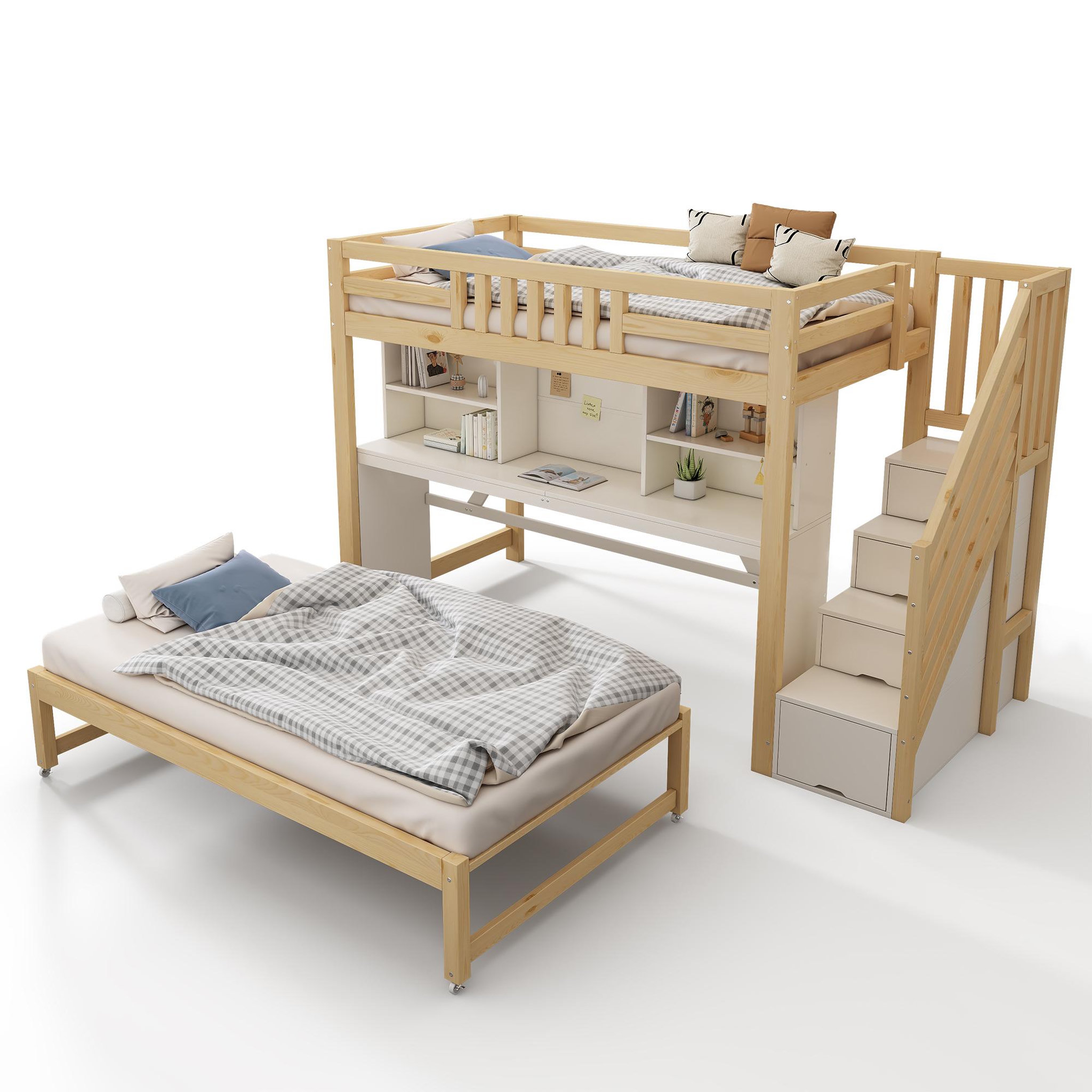Voir la diapositive 5 : MERAX Lit superposé enfant 90x200+90x190 cm avec bureau coloris blanc et chêne
