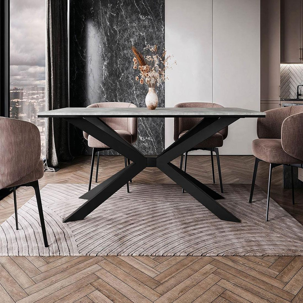 BEST MOBILIER Casey - table à manger - plateau effet béton - pieds en métal - 4 à 8 personnes