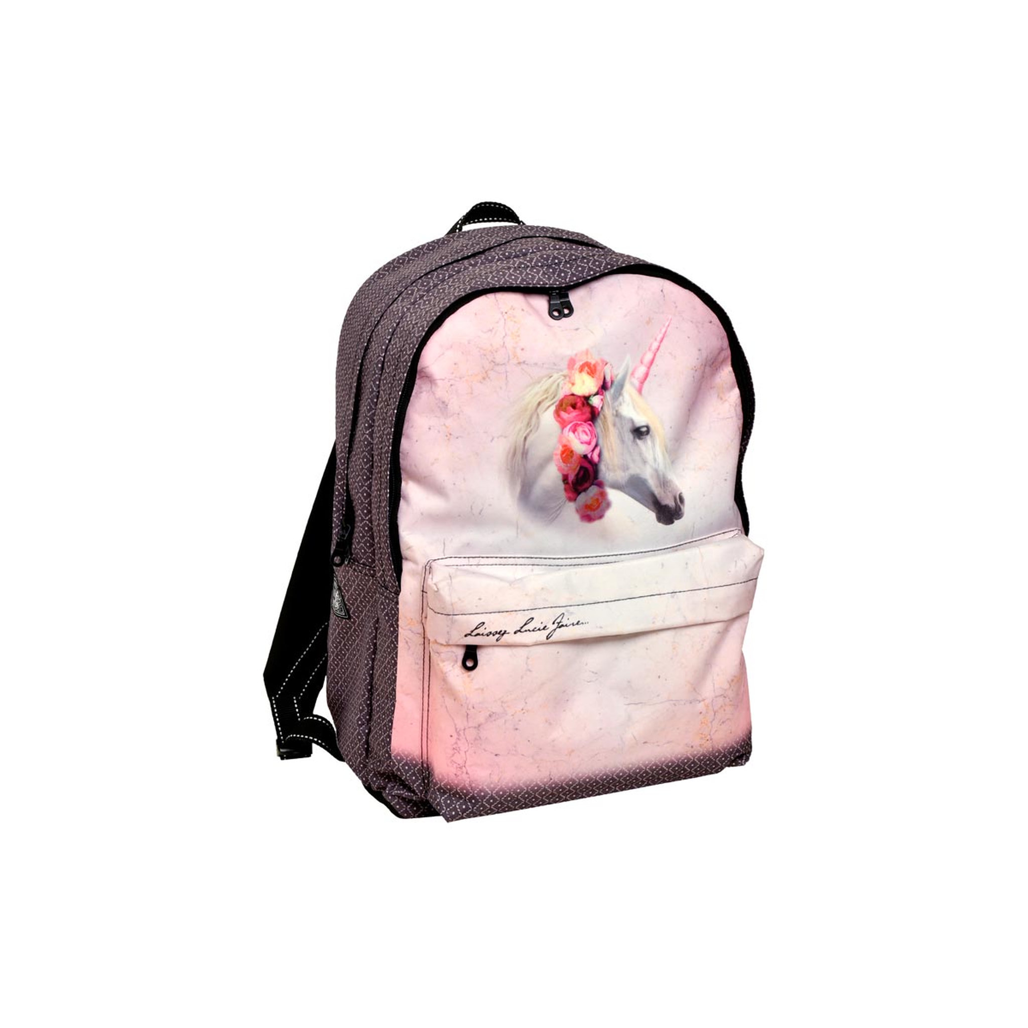  Sac à dos 2 compartiments + poche avant fille Laissez Lucie faire Licorne rose et violet