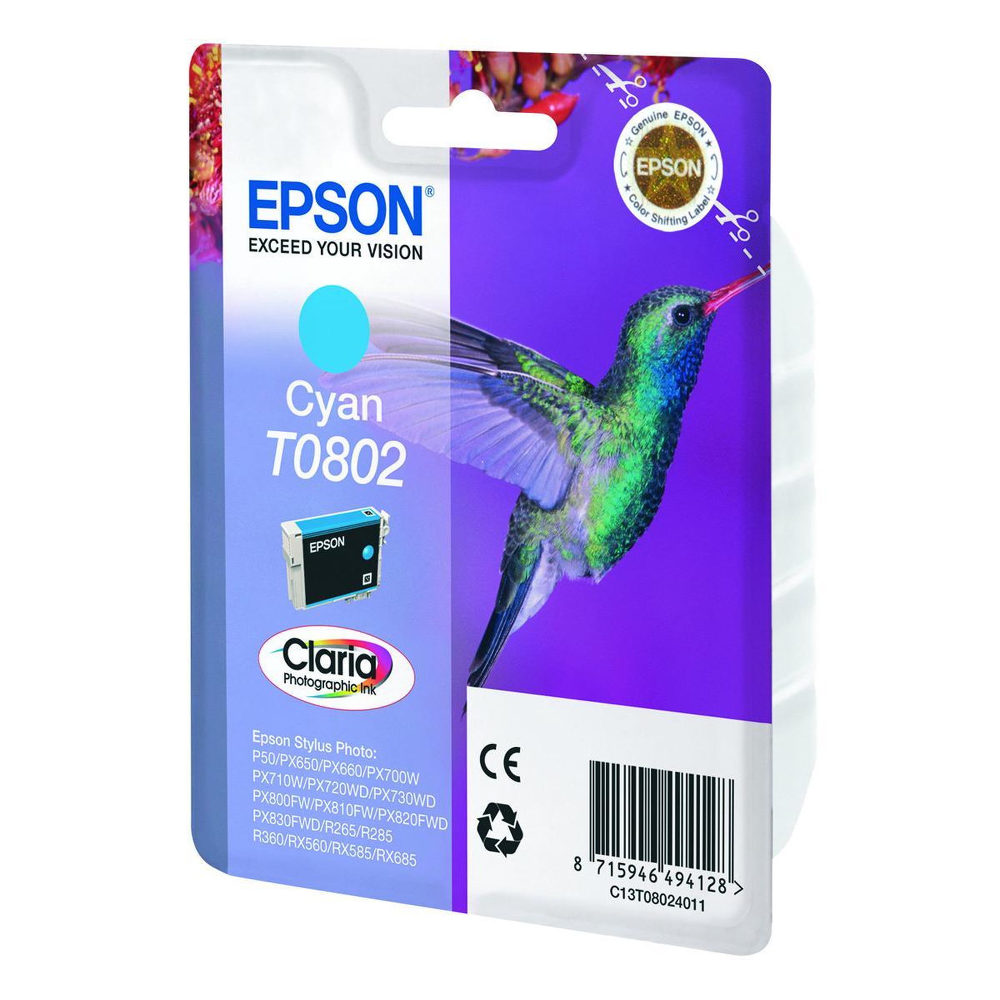 Voir la diapositive 3 : Epson Cartouche d'encre T0802 Cyan série Colibri