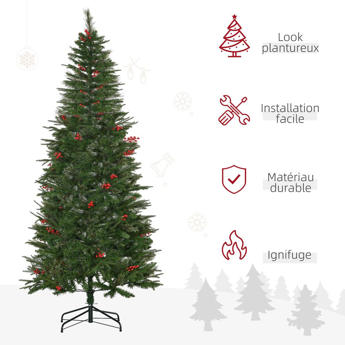 HOMCOM Sapin de Noël artificiel décoré Ø 78 x 210H cm 746 branches épines grand réalisme 45 baies rouges