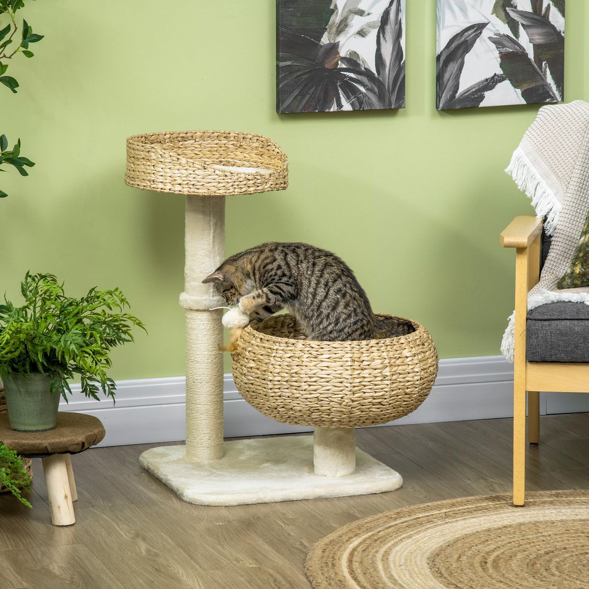 PAWHUT Arbre à chat griffoir 2 niveaux hauteur 72 cm poteau sisal avec niche et plate-forme 1 balle suspendue beige