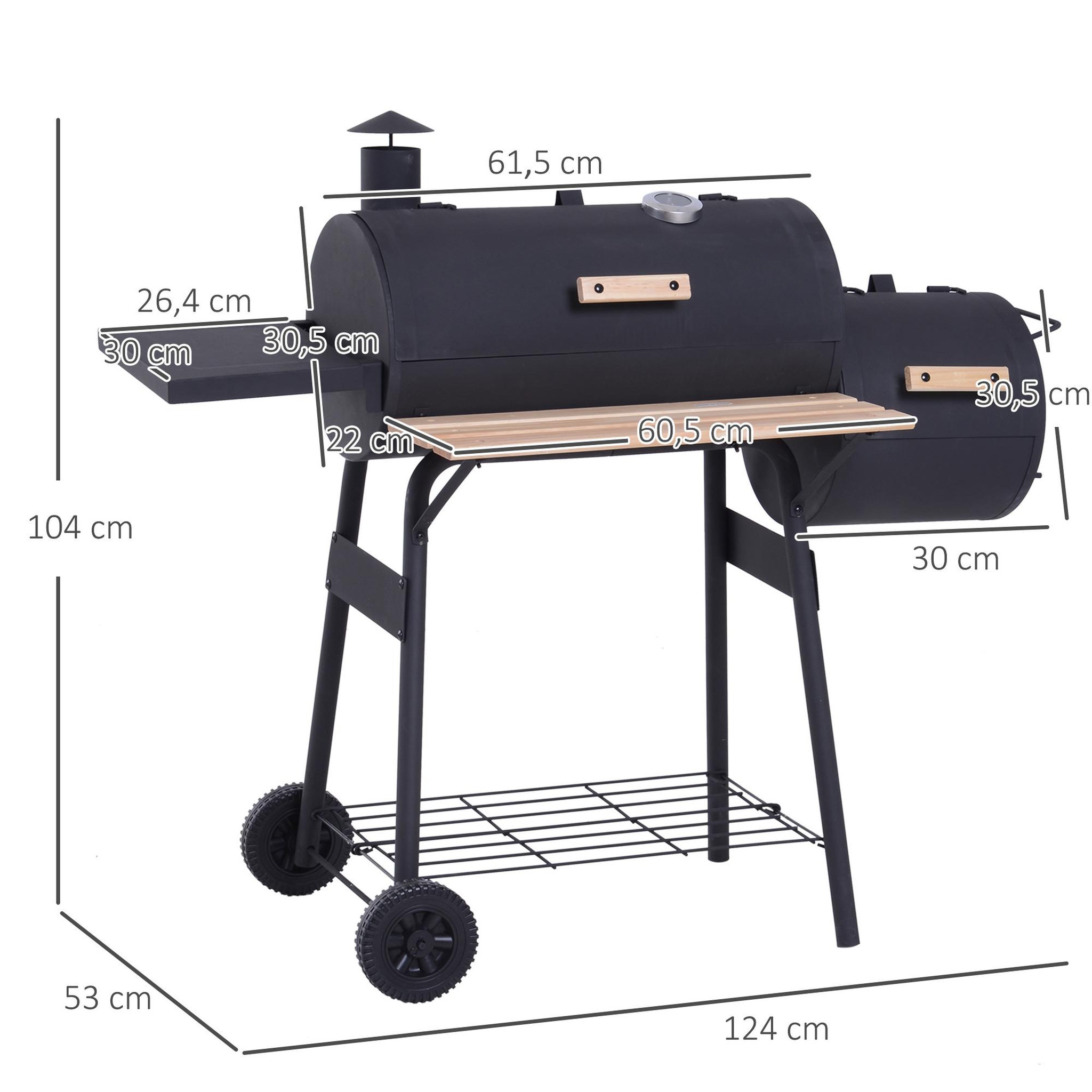 Voir la diapositive 3 : OUTSUNNY Barbecue à charbon fumoir BBQ grill smoker sur pied avec couvercle, roulettes, thermomètre, étagères  acier laminé à froid noir