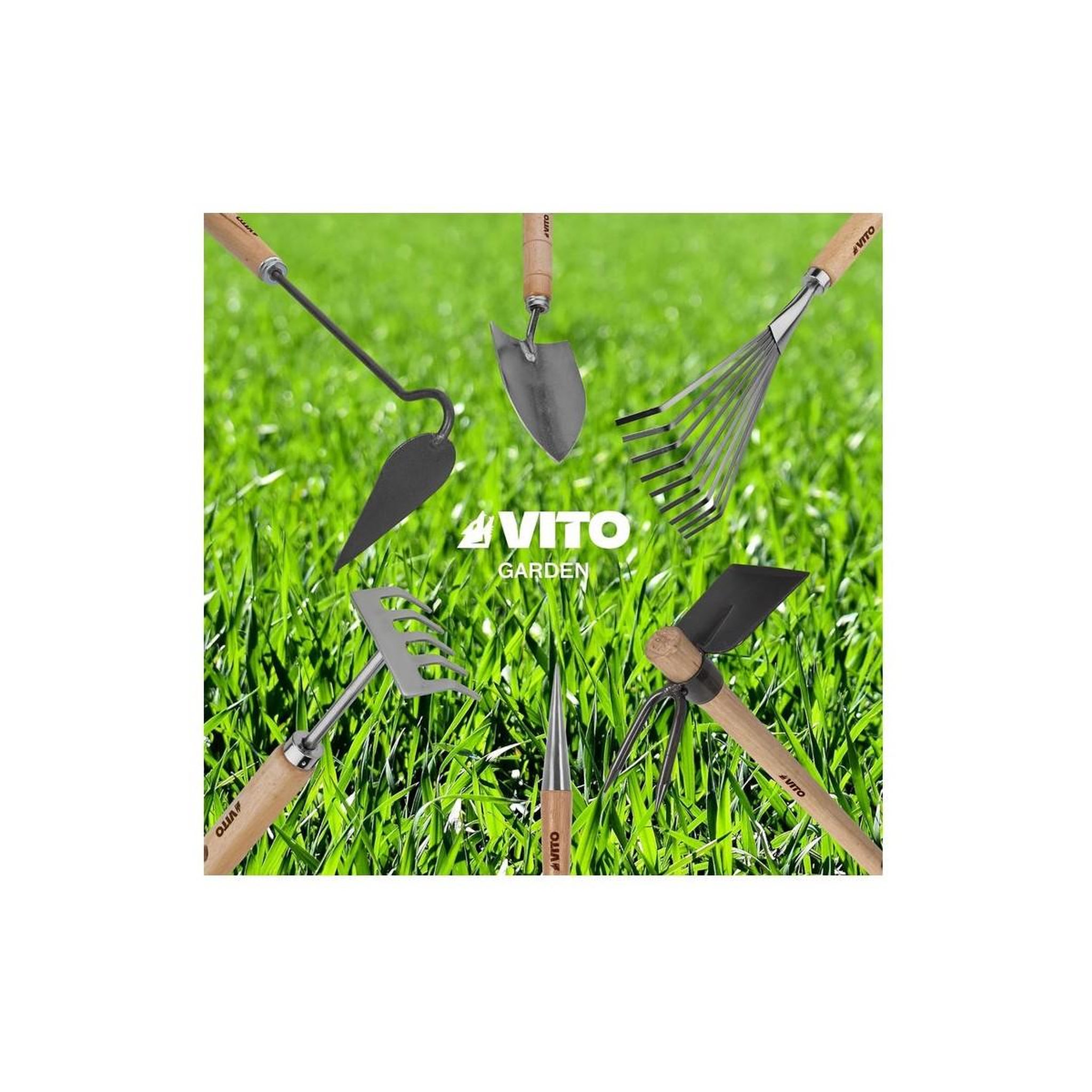 Voir la diapositive 6 : VITO Balai de jardin à gazon 8 dents 13cm manche bois inox et fer forgés à la main vito