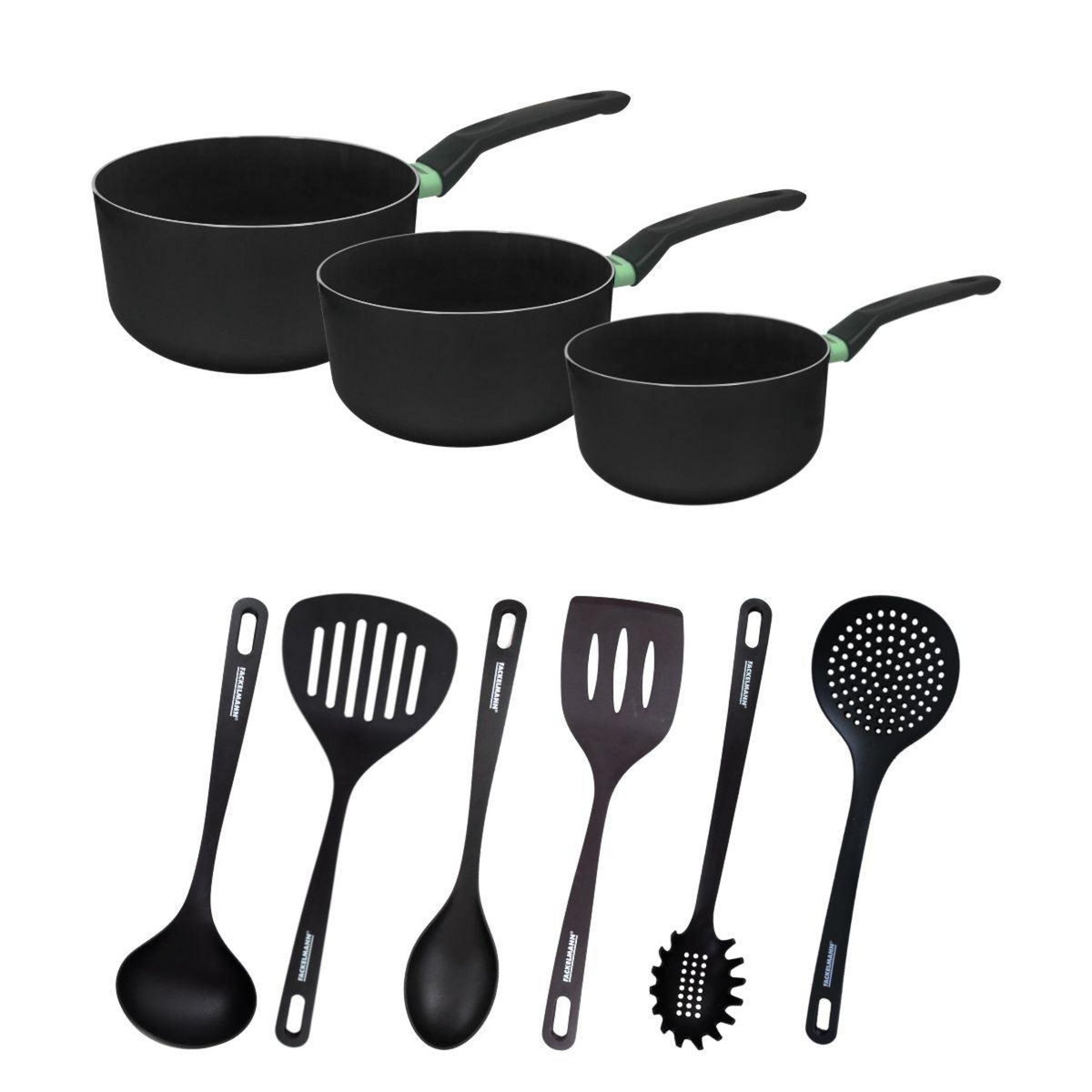 Fackelmann Set de 3 casseroles antiadhésives céramique 16, 18 et 20 cm et 6 ustensiles Fackelmann Brandao