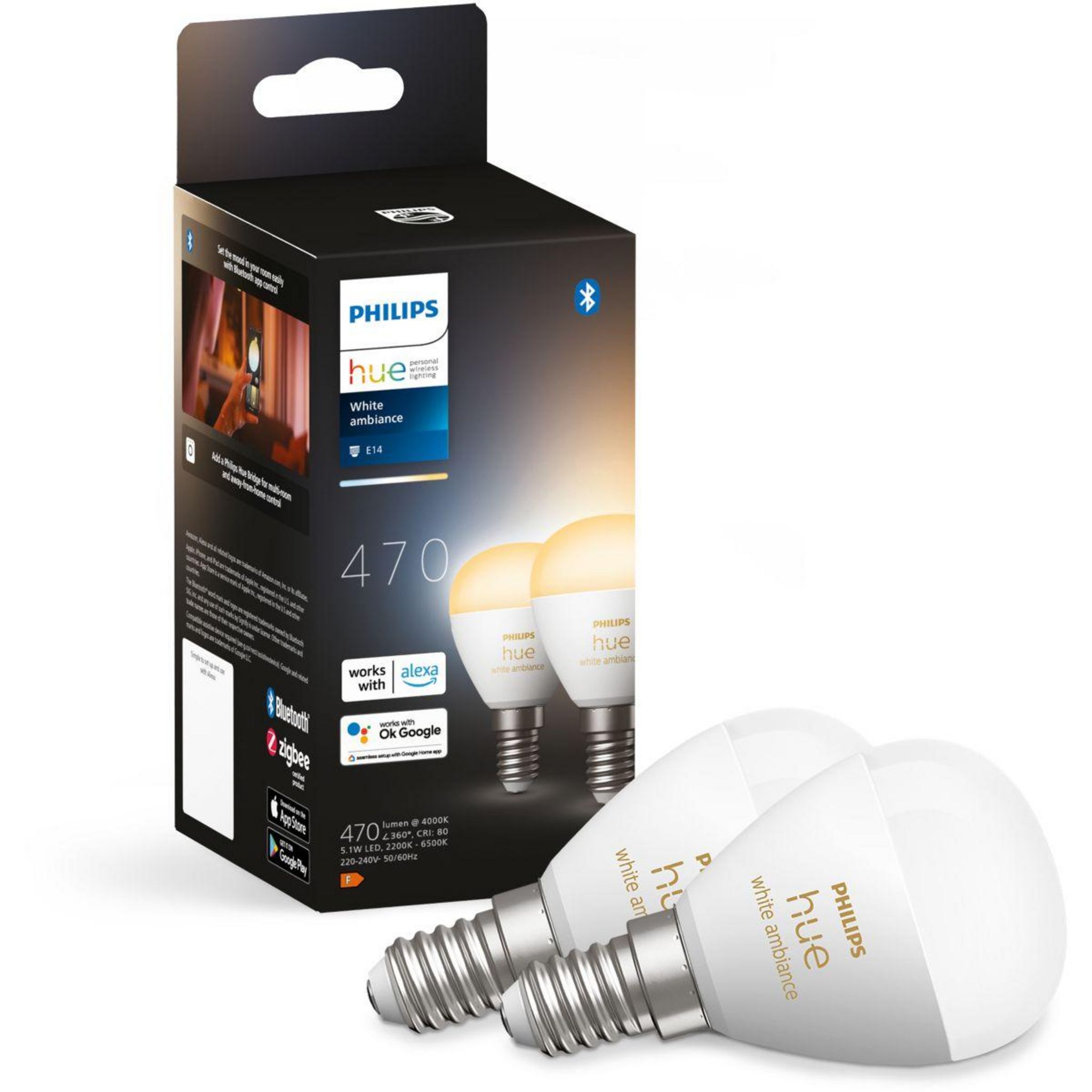 Philips Ampoule LED connectée HUE White Ambiance E14 Luster 5.1W x2 pas