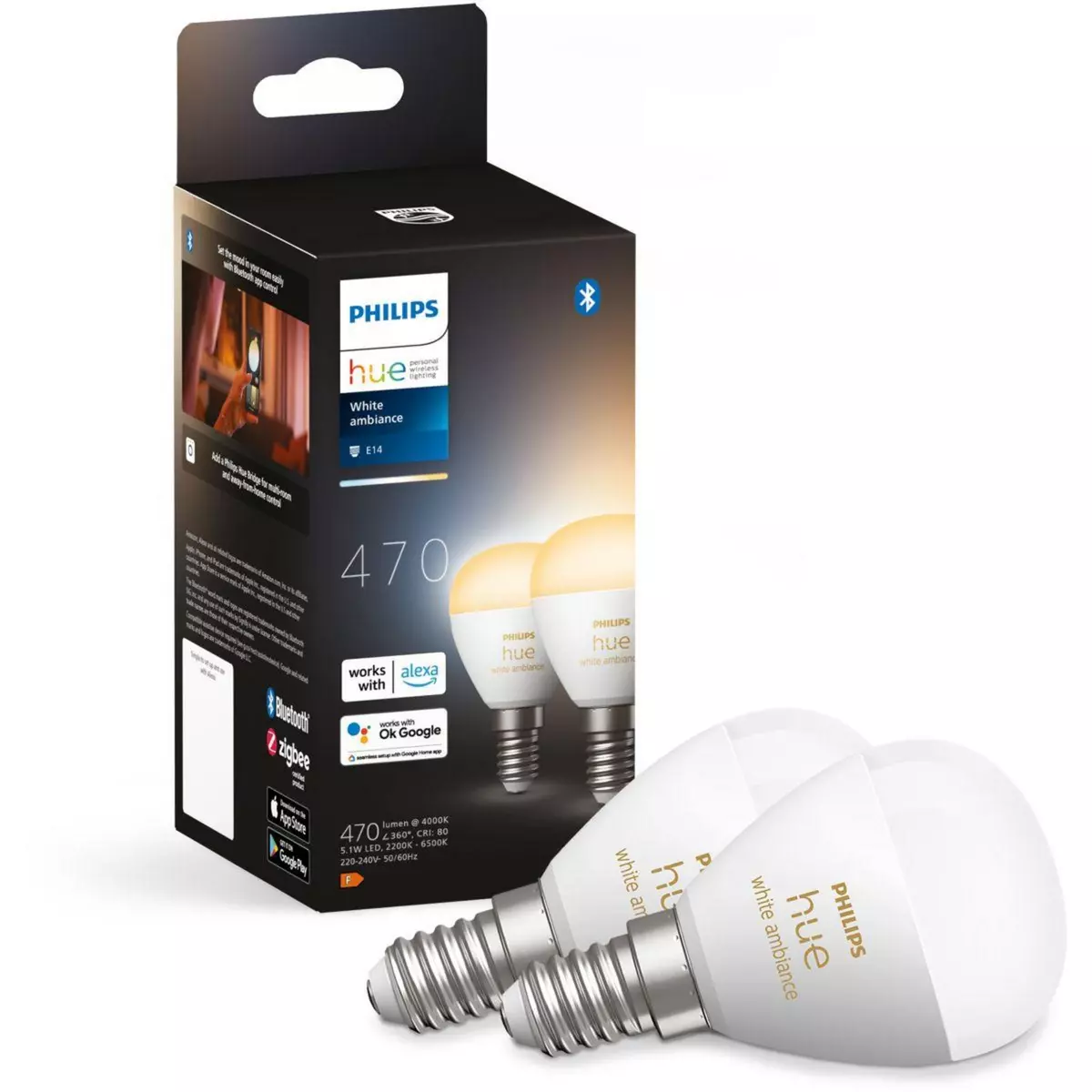 Philips Ampoule LED connectée HUE White Ambiance E14 Luster 5.1W x2