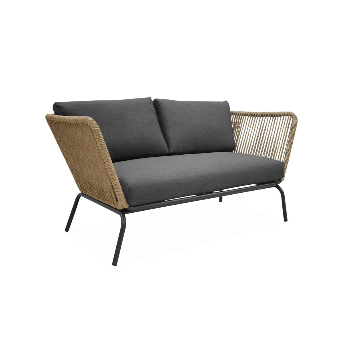 SWEEEK Salon de jardin bas Singapour, résine tressée effet corde, 4 places, coussins déhoussables