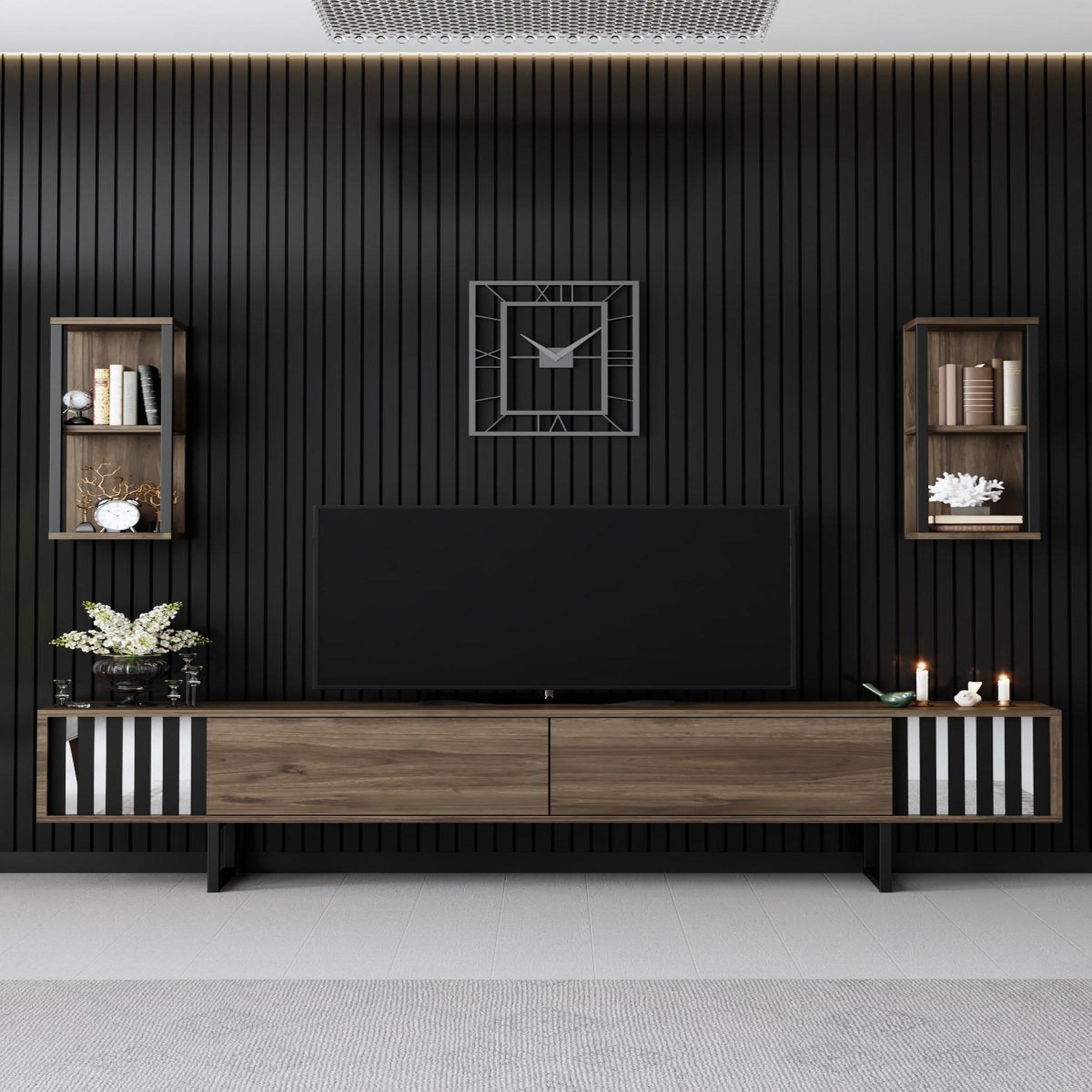 Voir la diapositive 3 : Habitat et Jardin Meuble tv en bois  chrome line  - 180 x 30 x 48 cm - noyernoir