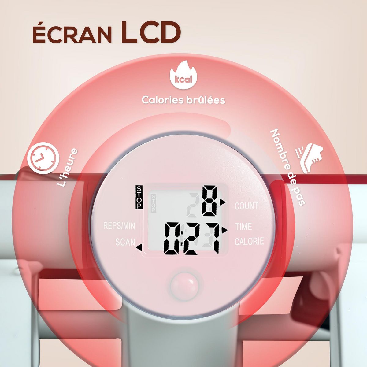 HOMCOM Mini stepper compteur LCD 4 fonctions répétitions, durée, fréquence, calories acier PP rouge gris