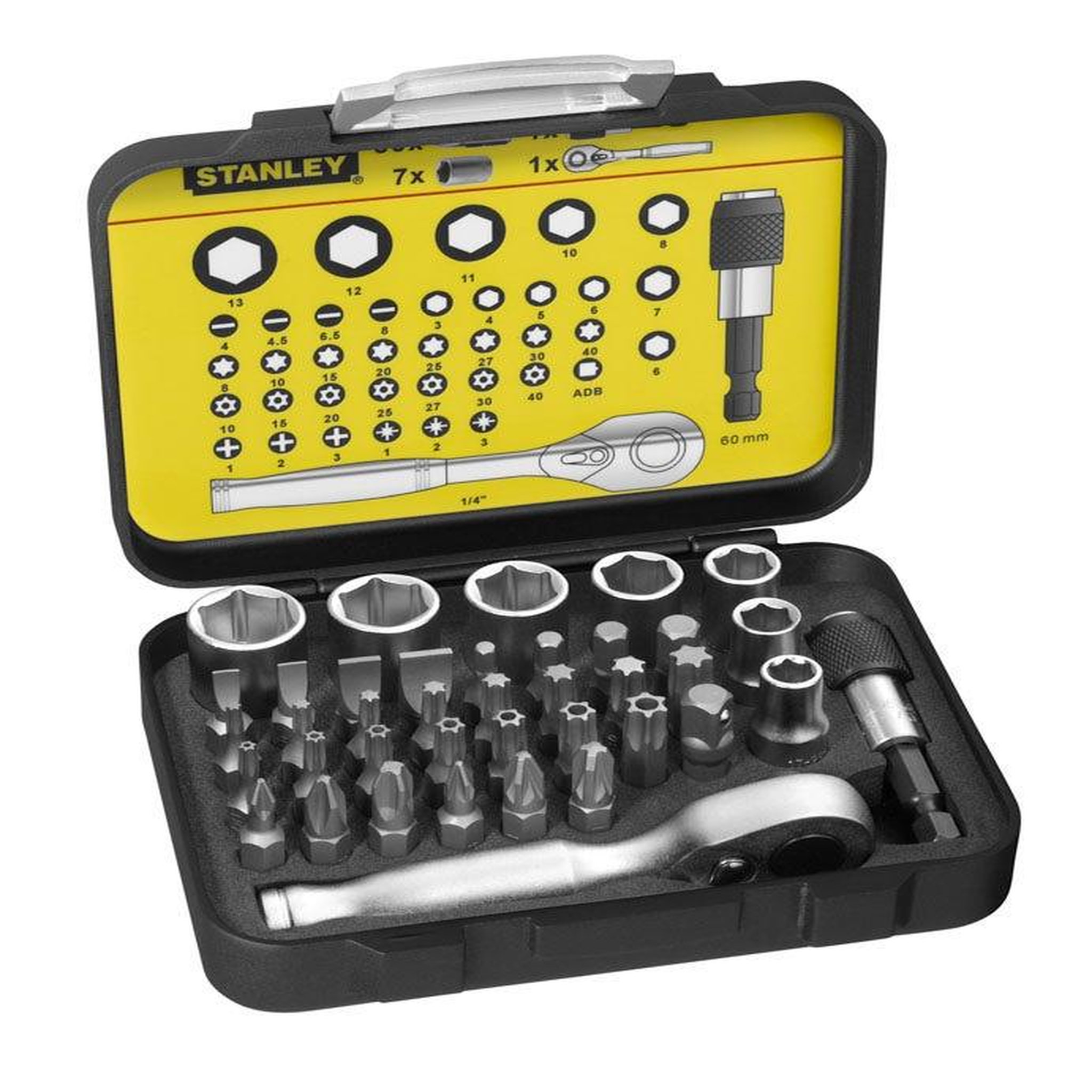 Stanley Coffret d'embouts de vissage 1/4  25mm + clé a cliquet - jeu de 39 pcs - gamme pro