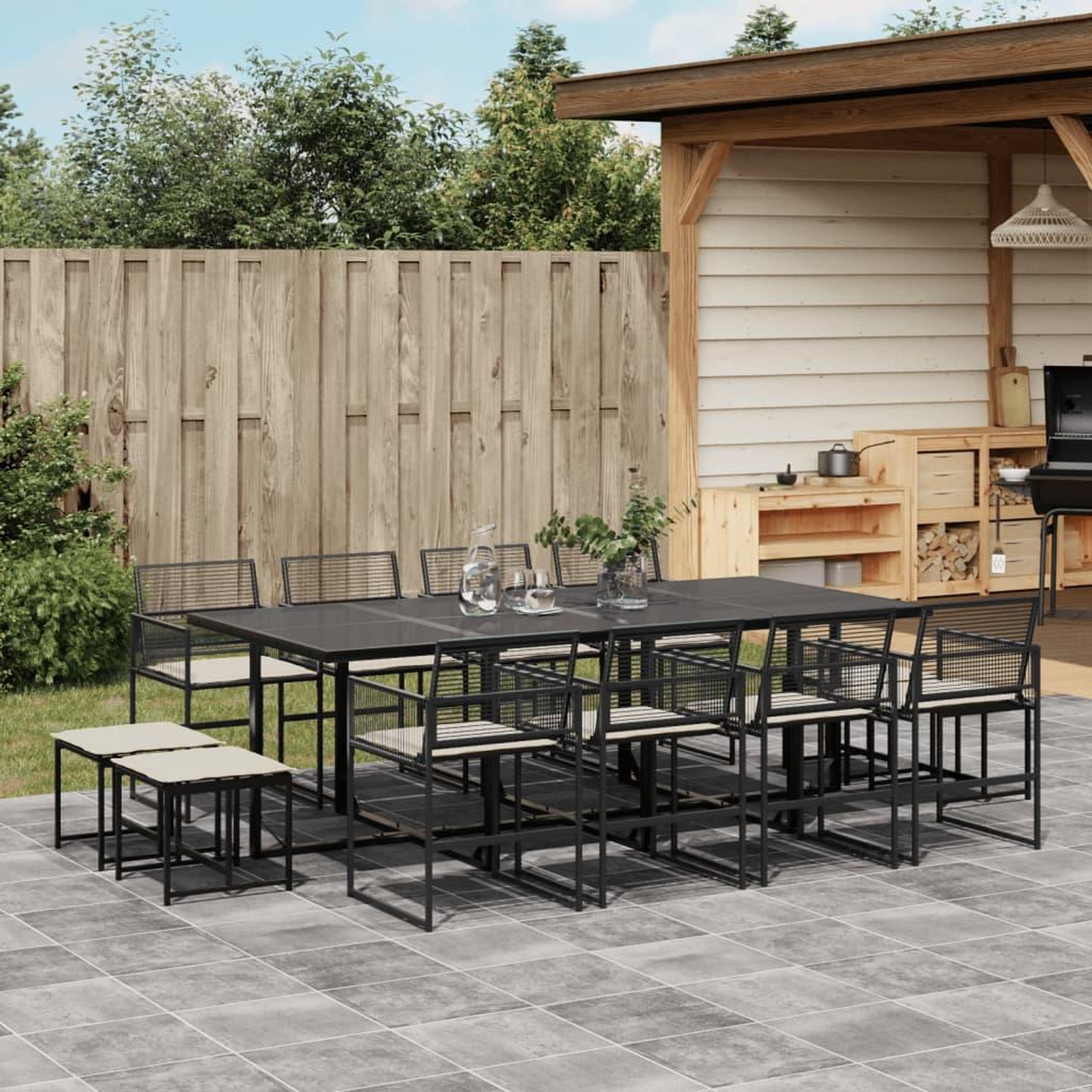 VIDAXL Ensemble a manger de jardin 13 pcs coussins noir resine tressee
