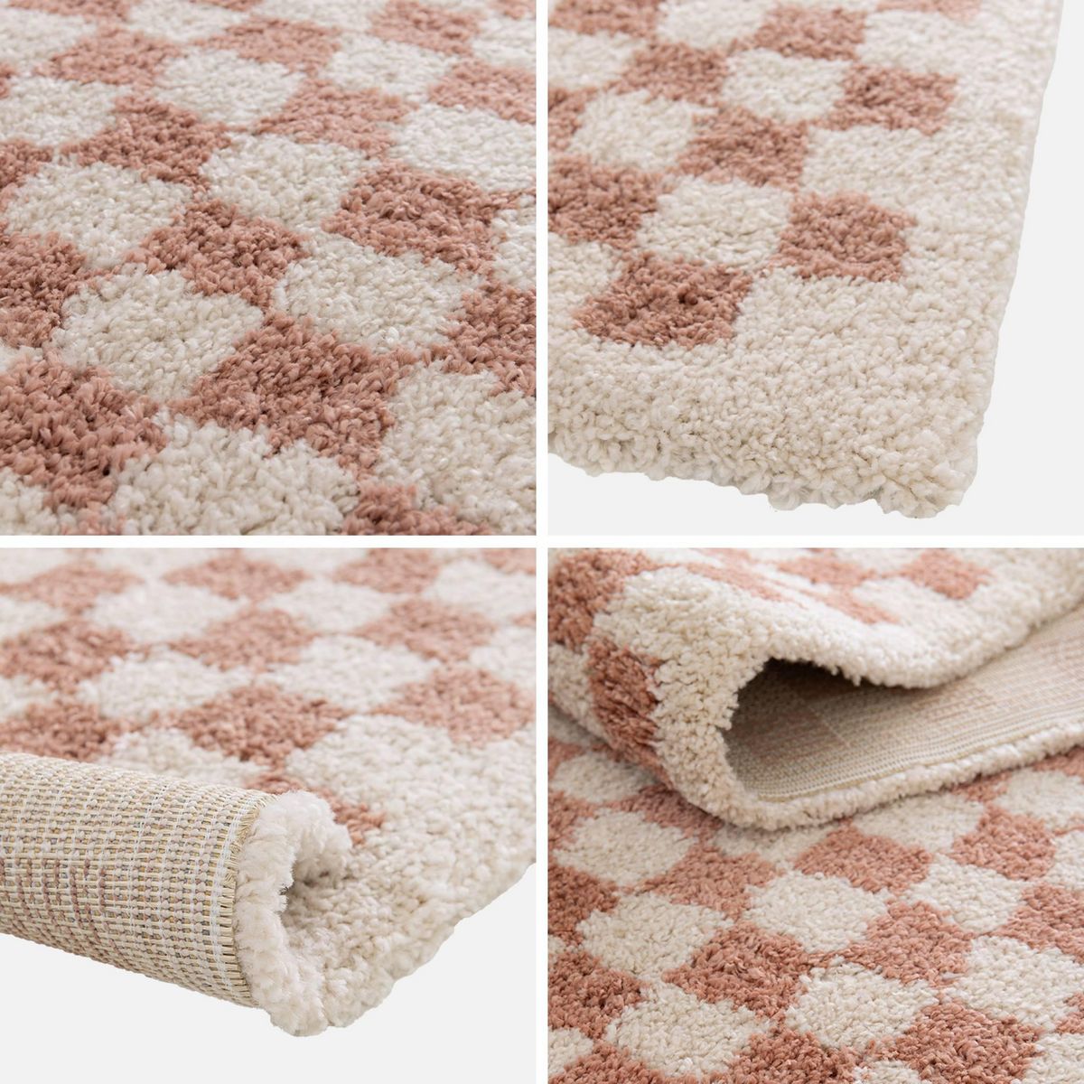 SWEEEK Tapis intérieur shaggy poils longs damier vieux rose et crème