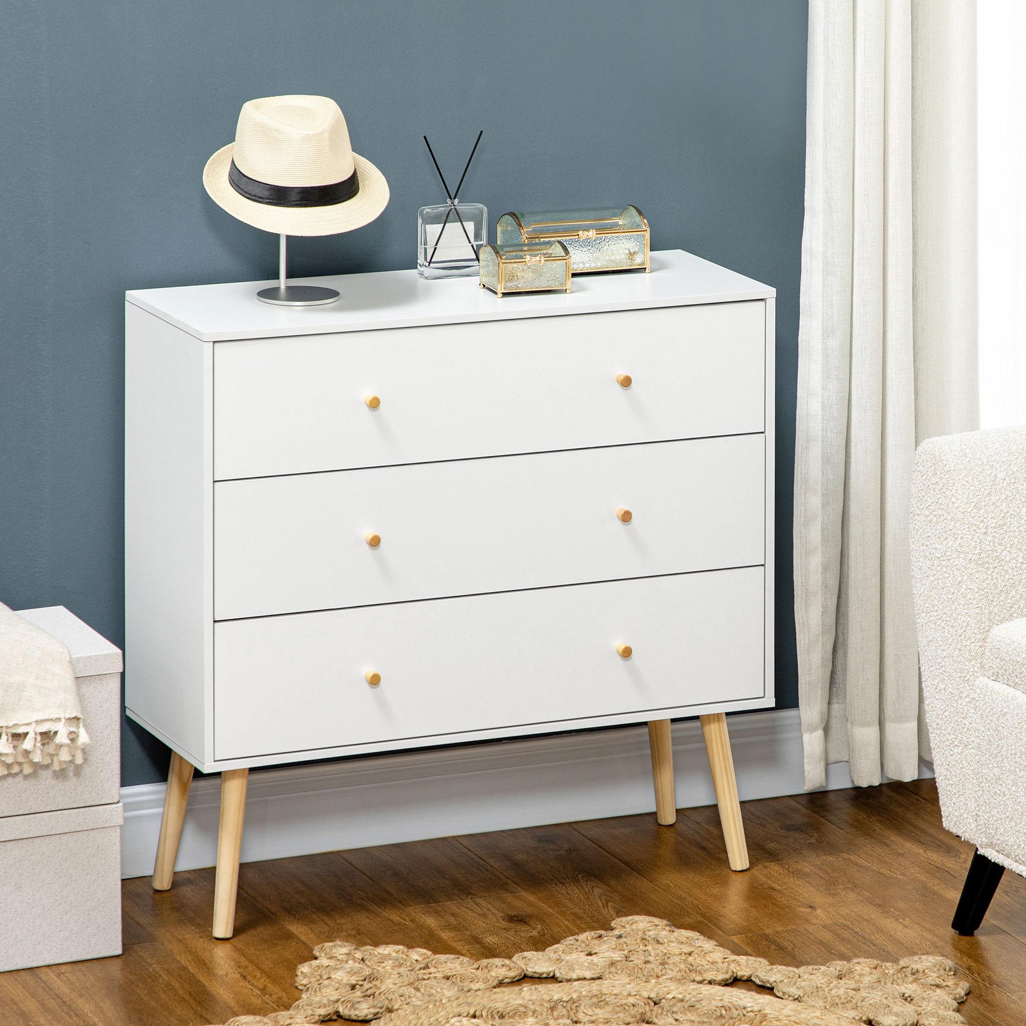 Voir la diapositive 2 : HOMCOM Commode 3 tiroirs design scandinave piètement effilé incliné bois pin panneaux blanc