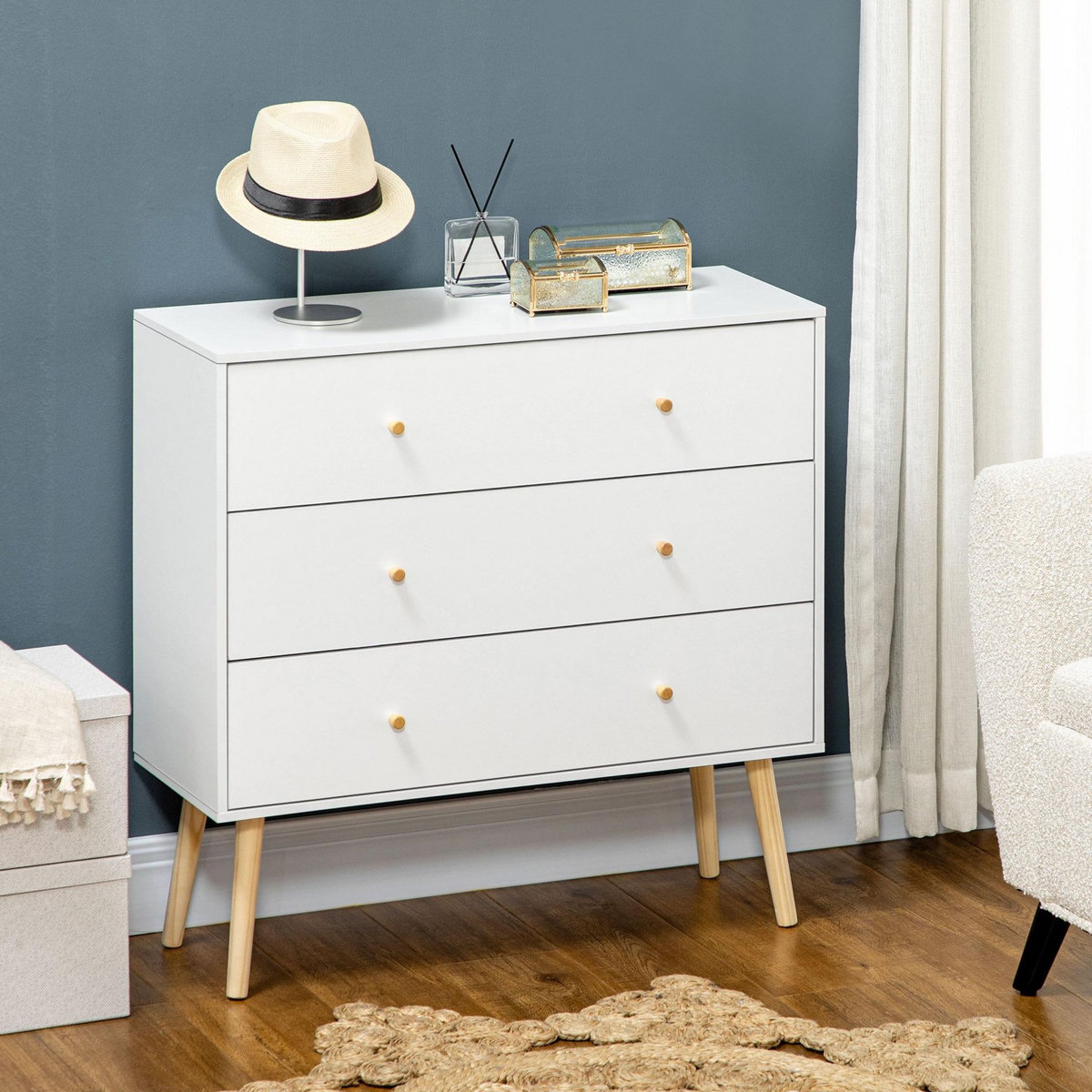 HOMCOM Commode 3 tiroirs design scandinave piètement effilé incliné bois pin panneaux blanc