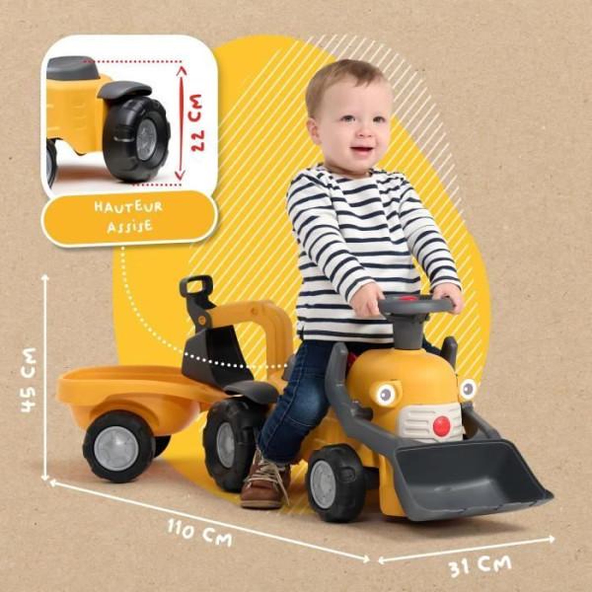 Voir la diapositive 5 : FALK Porteur Trotteur  Chantier Marcel - FALK - Pelle frontale, excavatrice - Jaune - Fabriqué en France - 90% de plastique recyclé - Des 12