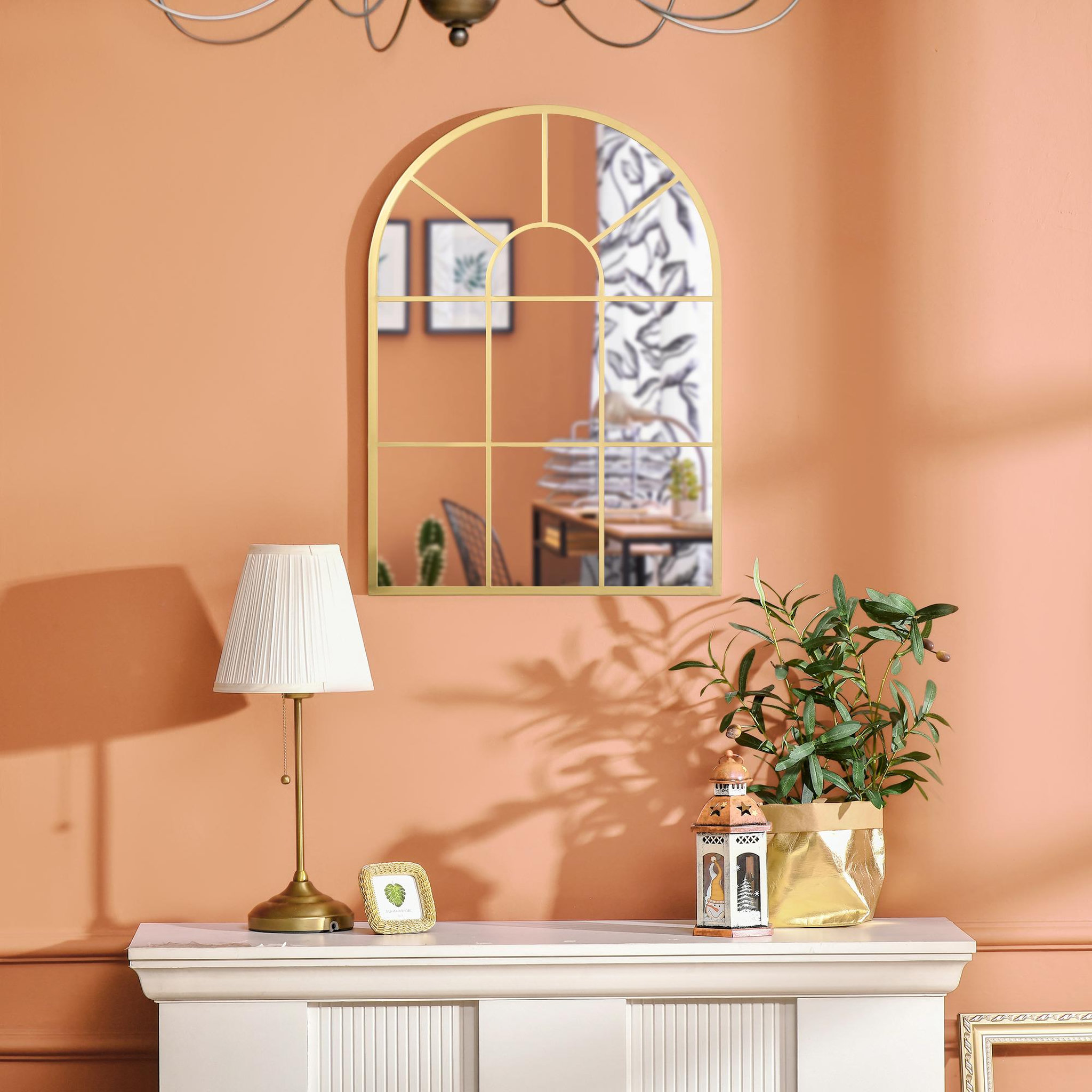 Voir la diapositive 5 : HOMCOM Miroir mural style art déco forme voûtée dim. 50L x 70H cm métal doré verre