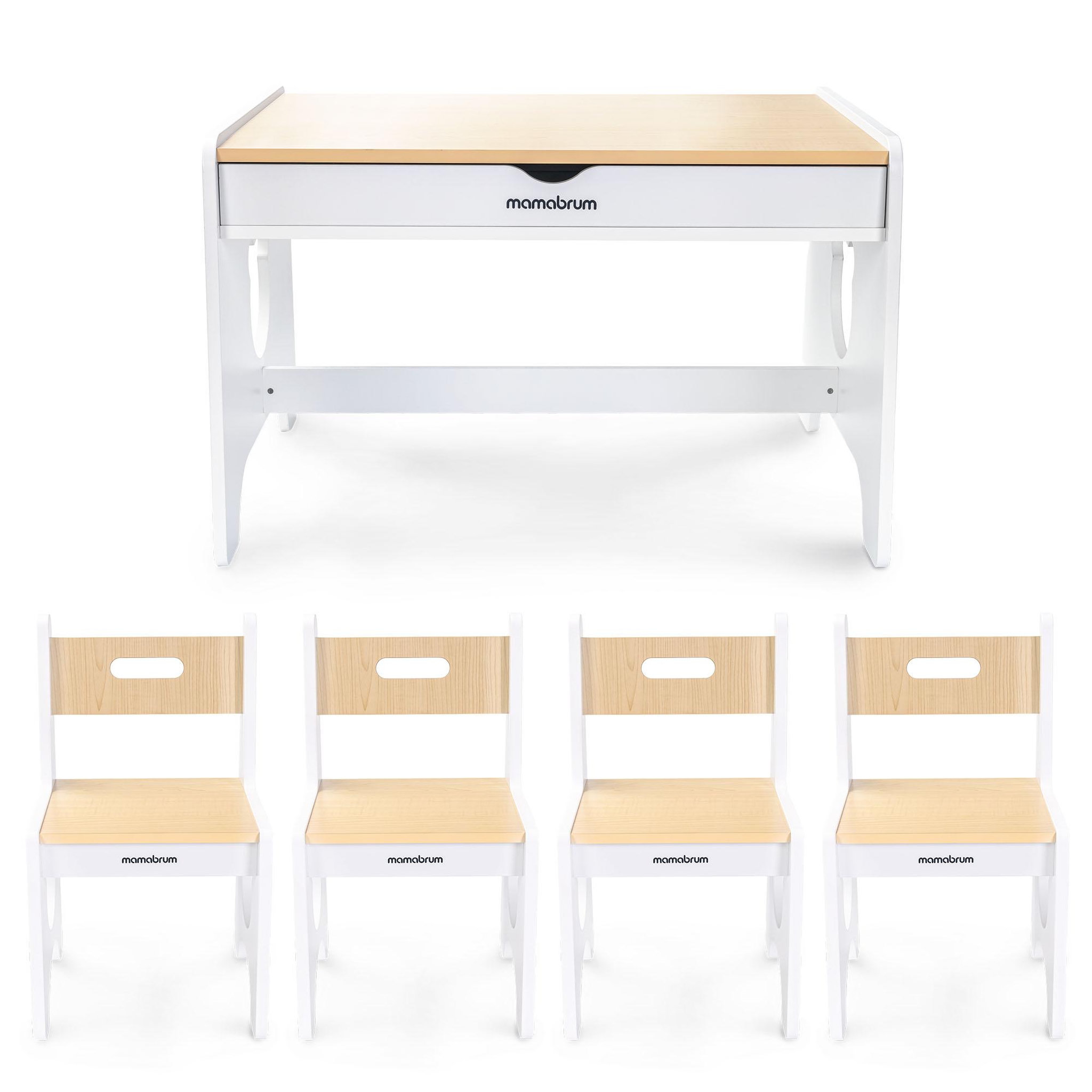 Voir la diapositive 5 : MAMABRUM Ensemble table et 4 chaises Mamabrum blanc et bois avec tiroirs et motifs oursons