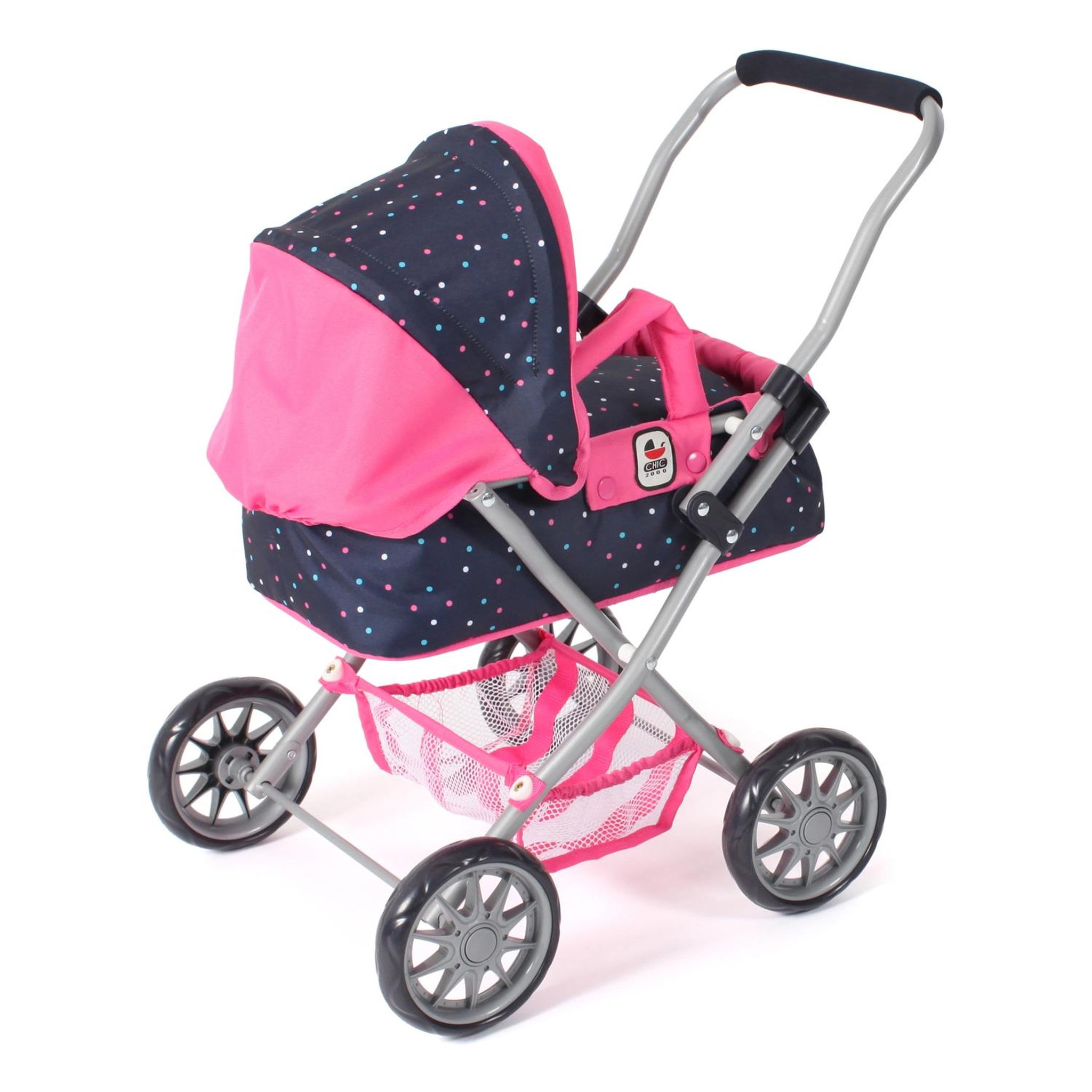 Voir la diapositive 3 : BAYER CHIC 2000 Poussette pour poupée SMARTY Rose bleu marine avec pois