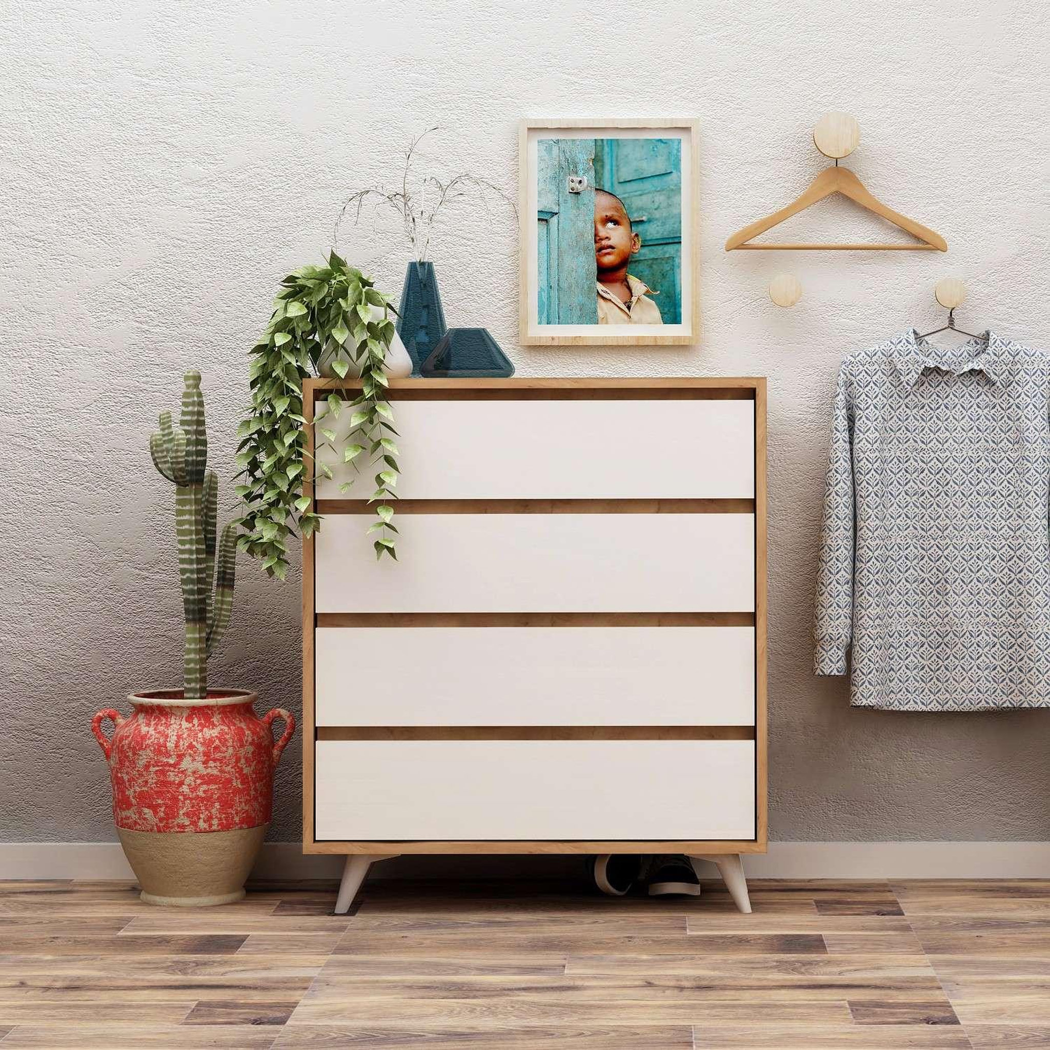 Voir la diapositive 2 : TOILINUX Commode 4 tiroirs éthera en bois - beige et blanc