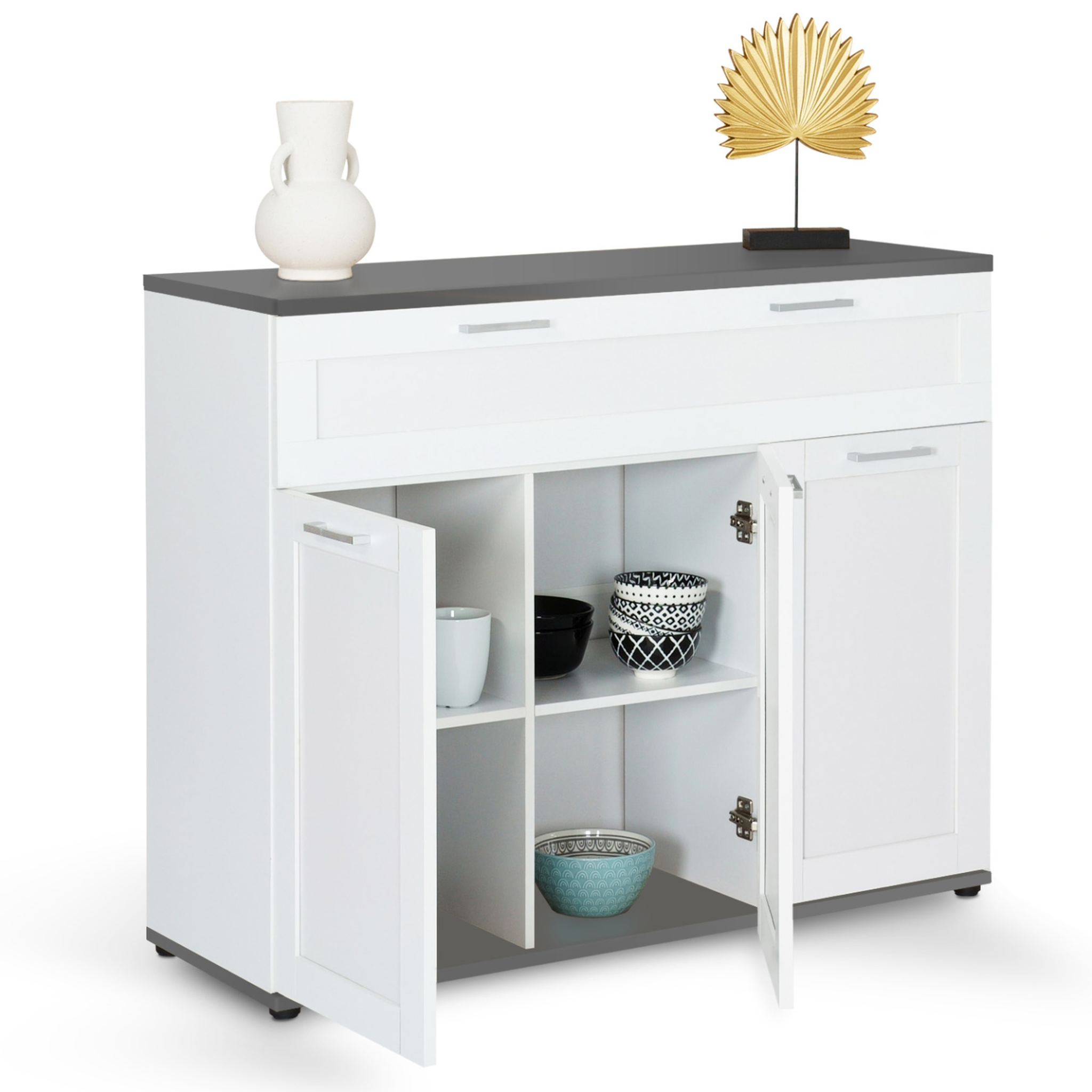 Voir la diapositive 4 : ID MARKET Buffet 100 cm vito 3 portes et 1 tiroir blanc et plateau gris