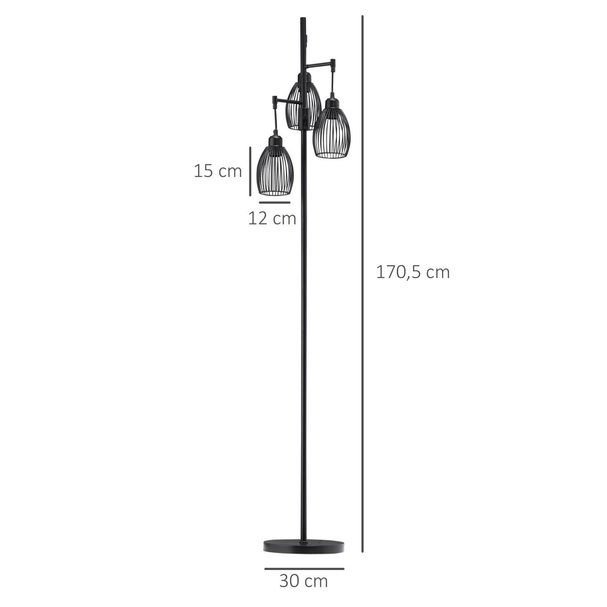 HOMCOM Lampadaire design industriel 3 têtes 40 W max. luminosité réglable métal filaire acier noir