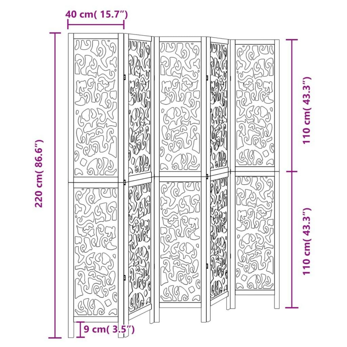 VIDAXL Cloison de separation 5 panneaux noir bois de paulownia massif