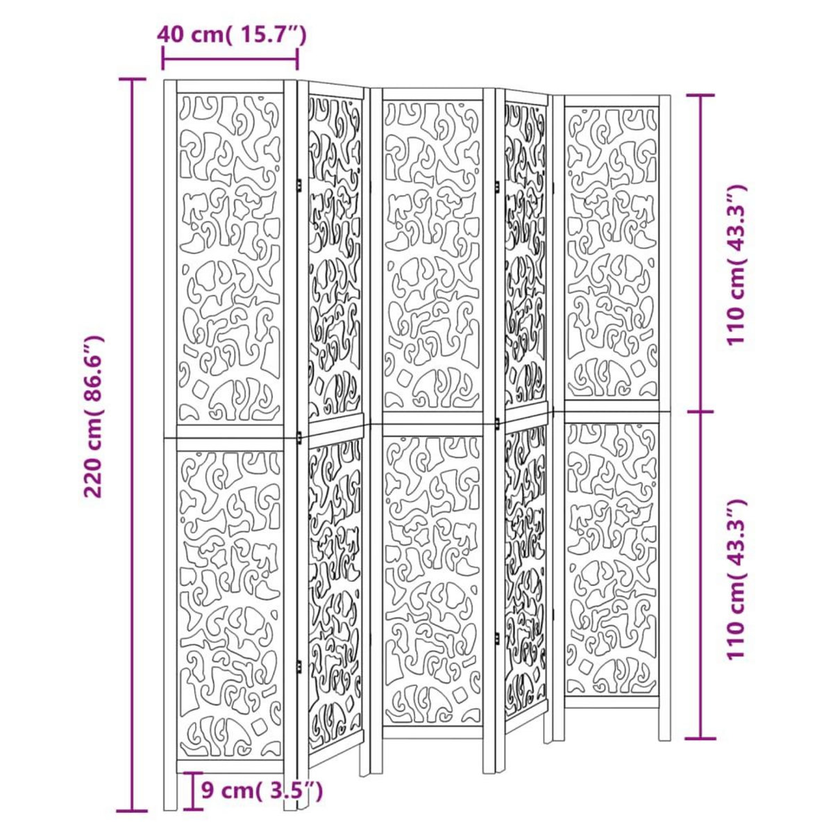 VIDAXL Cloison de separation 5 panneaux noir bois de paulownia massif