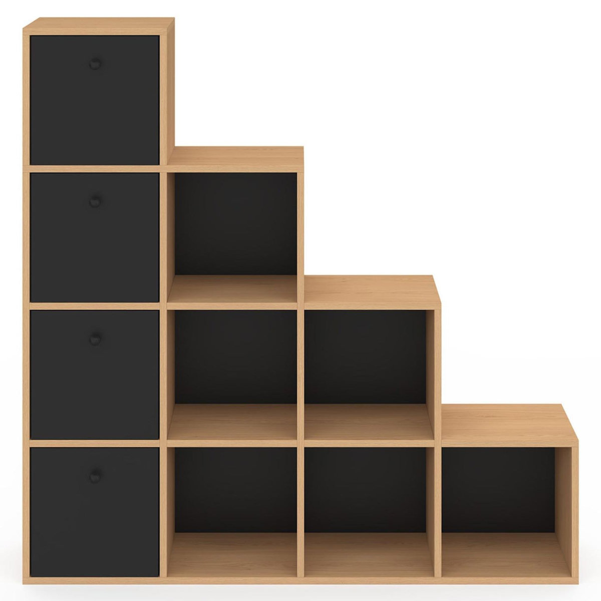 ID MARKET Meuble de rangement en escalier LORYS 4 niveaux bois et noir avec 4 tiroirs en tissu