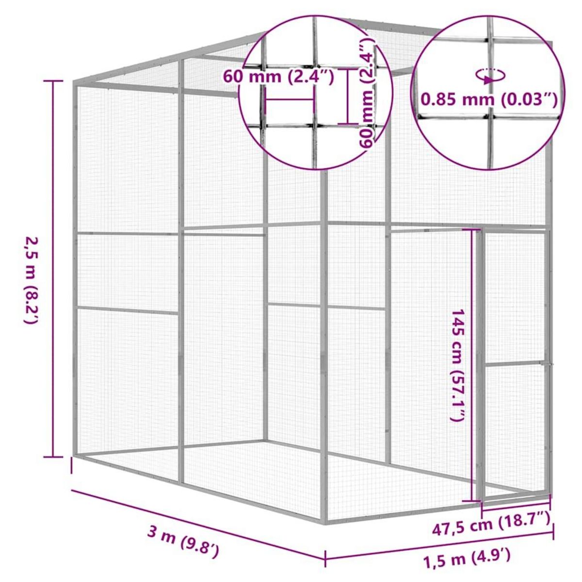 VIDAXL Cage pour chat 3x1,5x2,5 m Acier galvanise