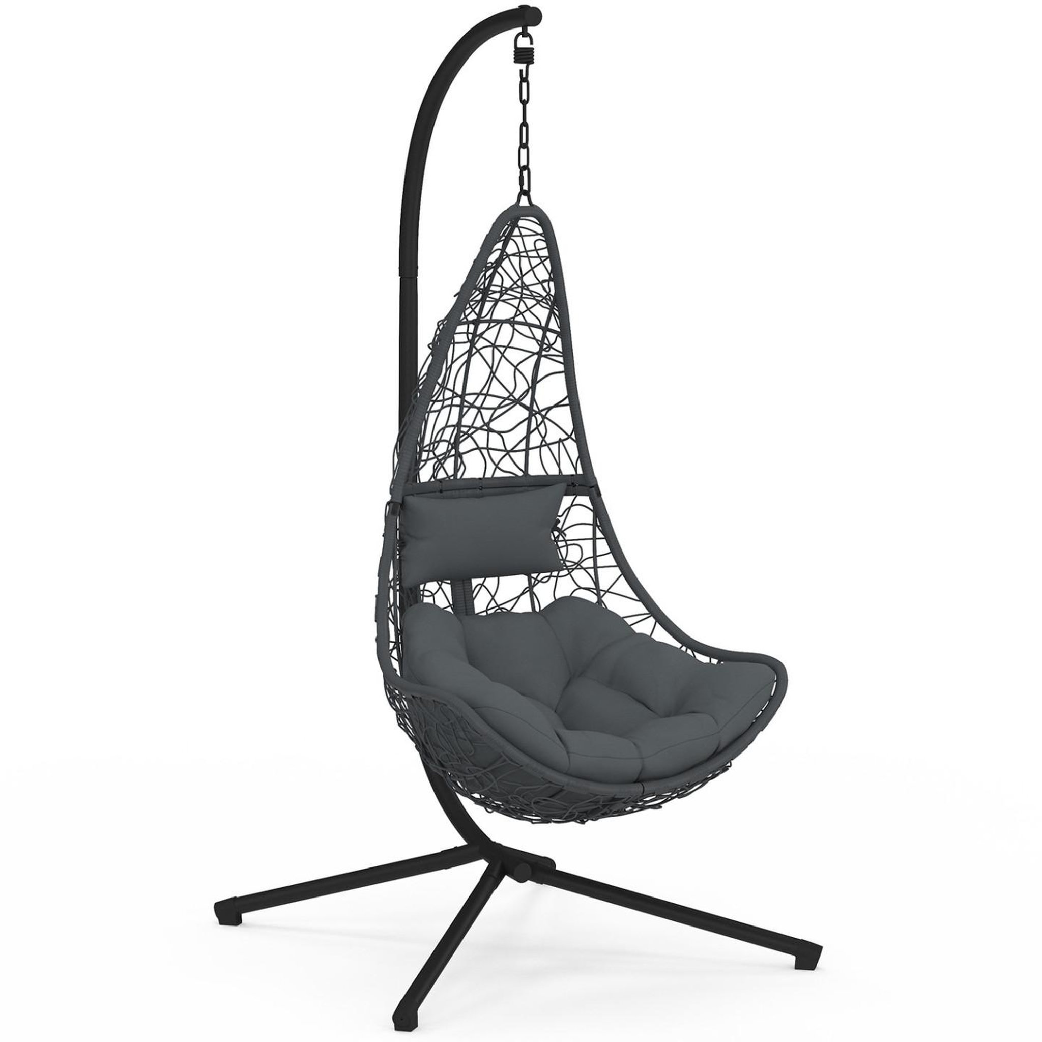 ID MARKET Fauteuil demi-lune suspendu ajouré effet rotin gris avec coussin gris