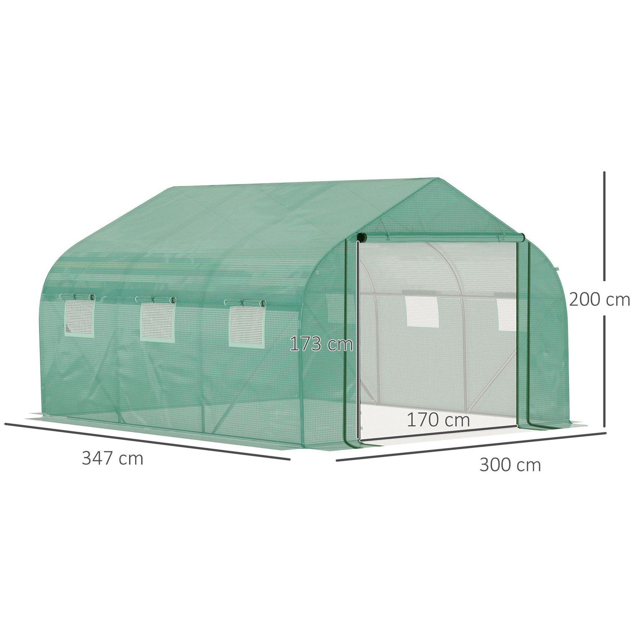 Voir la diapositive 3 : OUTSUNNY Serre tunnel de jardin grande taille dim. 3,47l x 3l x 2h m - 6 fenêtres et porte zippée enroulable - acier galvanisé pe haute densité vert
